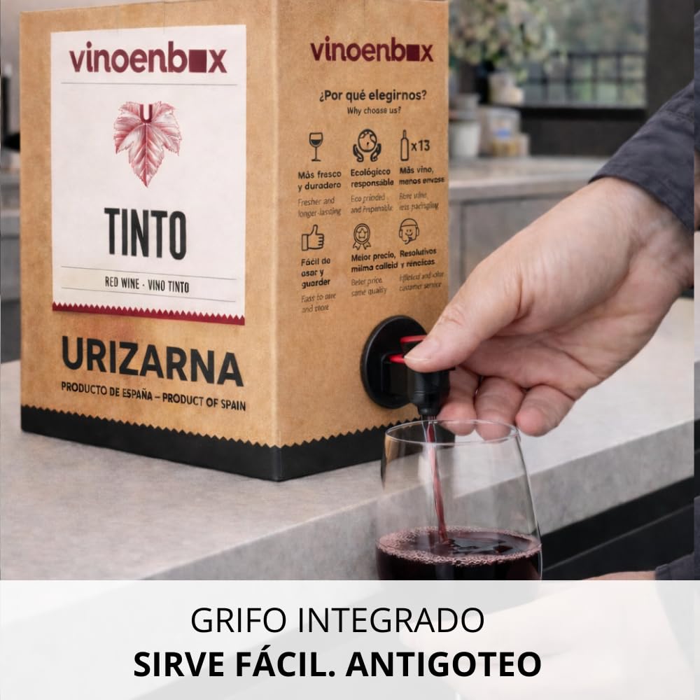 Vinoenbox - Vino tinto cosechero Bag in Box 15 litros Caja de vino tinto con grifo antigoteo, formato ahorro, práctico para consumo diario