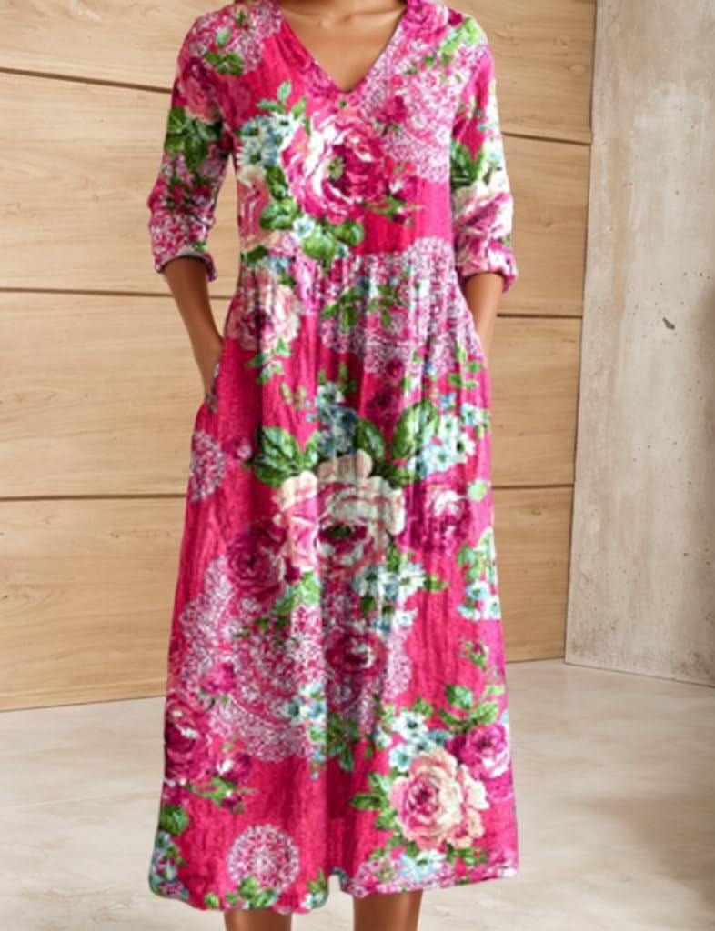 Akivide Women's Long Sleeve Boho Floral Prirted V Neck Tunic Dress Casual Loose Fall Tunic Maxi Dresses 2025 with Pockets - Image 2