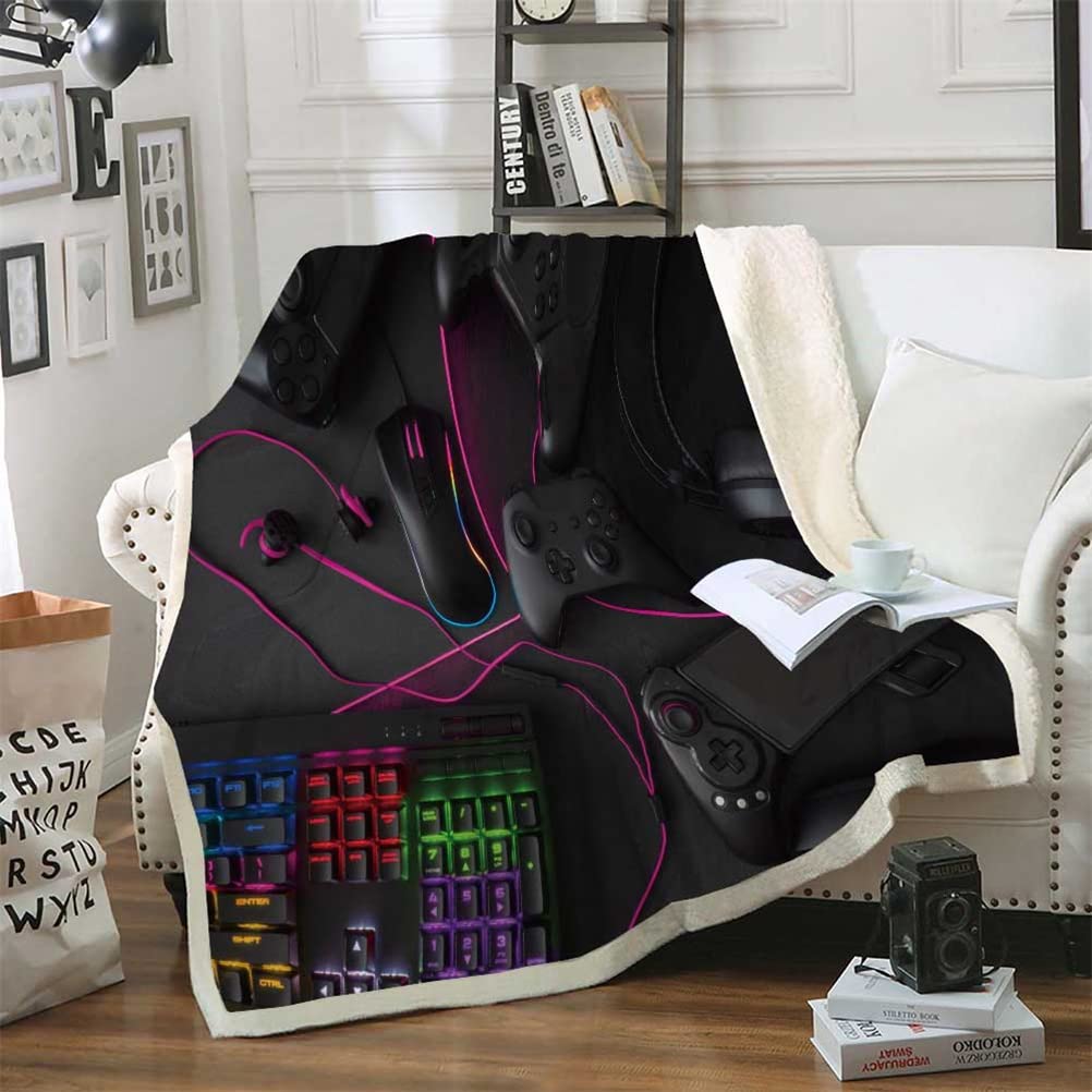 Manta Sherpa Gamer Manta Gamepad Gaming Juego de Dibujos Animados Niño Adulto Adolescente Microfibra Cálido Sofá Cama Manta Edredón Videojuegos Blanket Otoño Invierno (Negro 3,150 x 200 cm)