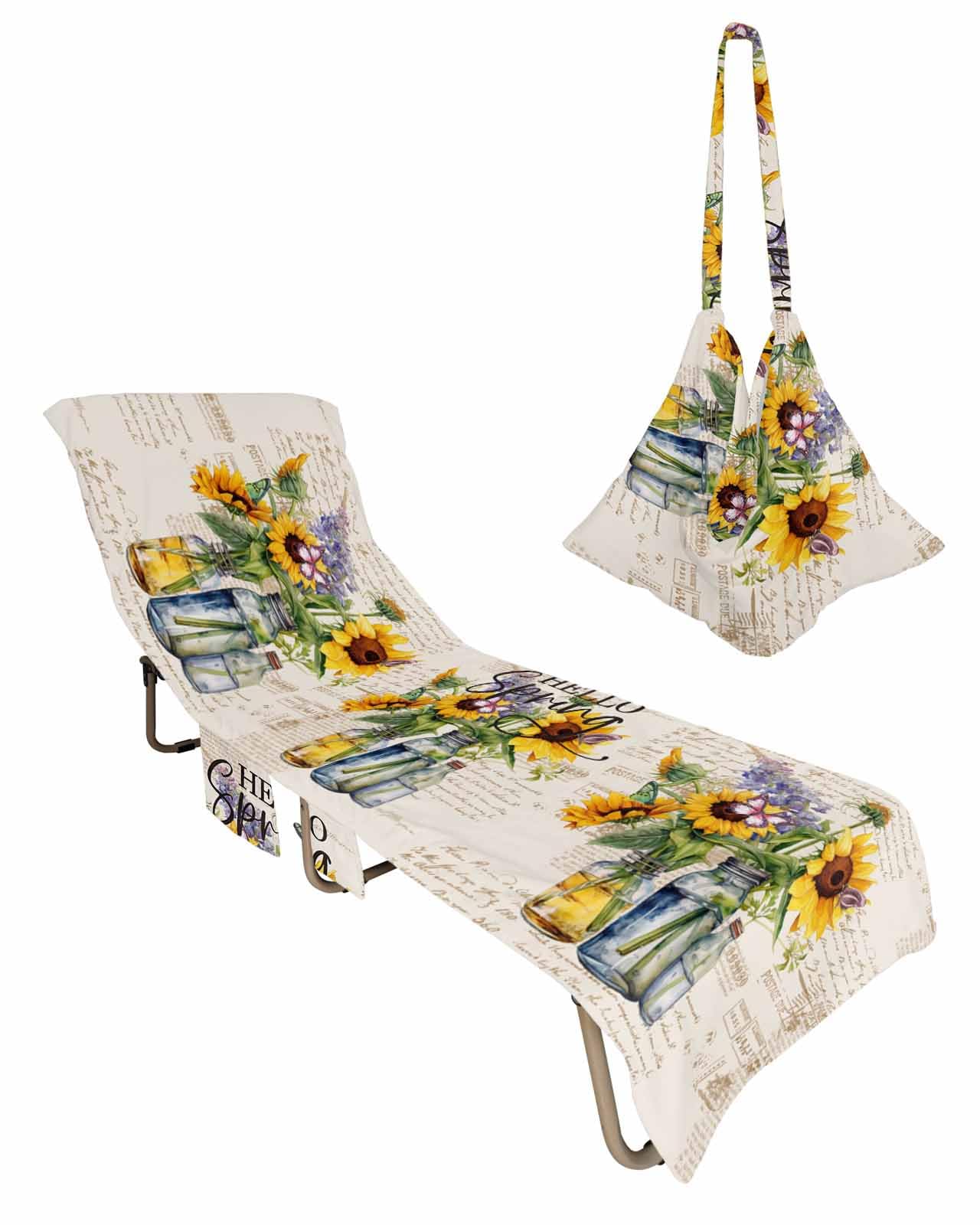 Sunflower Beach Chair Towel Covers for Chaise Lounge With Side Pocket, Soft Plush Pool Towels Cover for Patio Sunbathing Outdoor Retro Spring Blossom Floral Summer Off-White 29''x85''