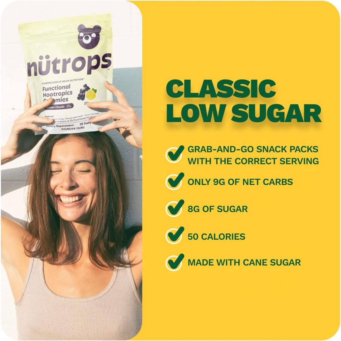 Grüns Nutrops Lions Mane Mushroom Gummies for Adults, Functional Nootropics, Herbal Brain Supplement for Energy, Brain Health, Cognitive, Memory & Focus, Reishi, Chaga, Cordyceps, Coriolus, 28 Count