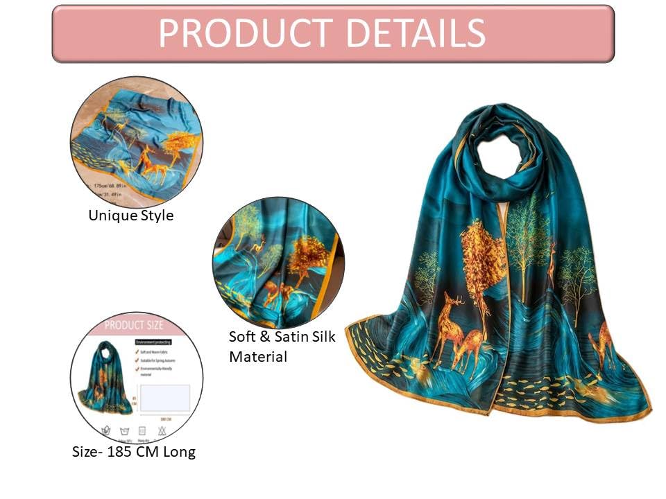 Image of Alexvyan Satin Silk Summer Scarves 180 x 84 cm, Blue Golden Dear Theme with Stitched Border, Lightweight Fashion Scarf for Women Sun Protection Stole