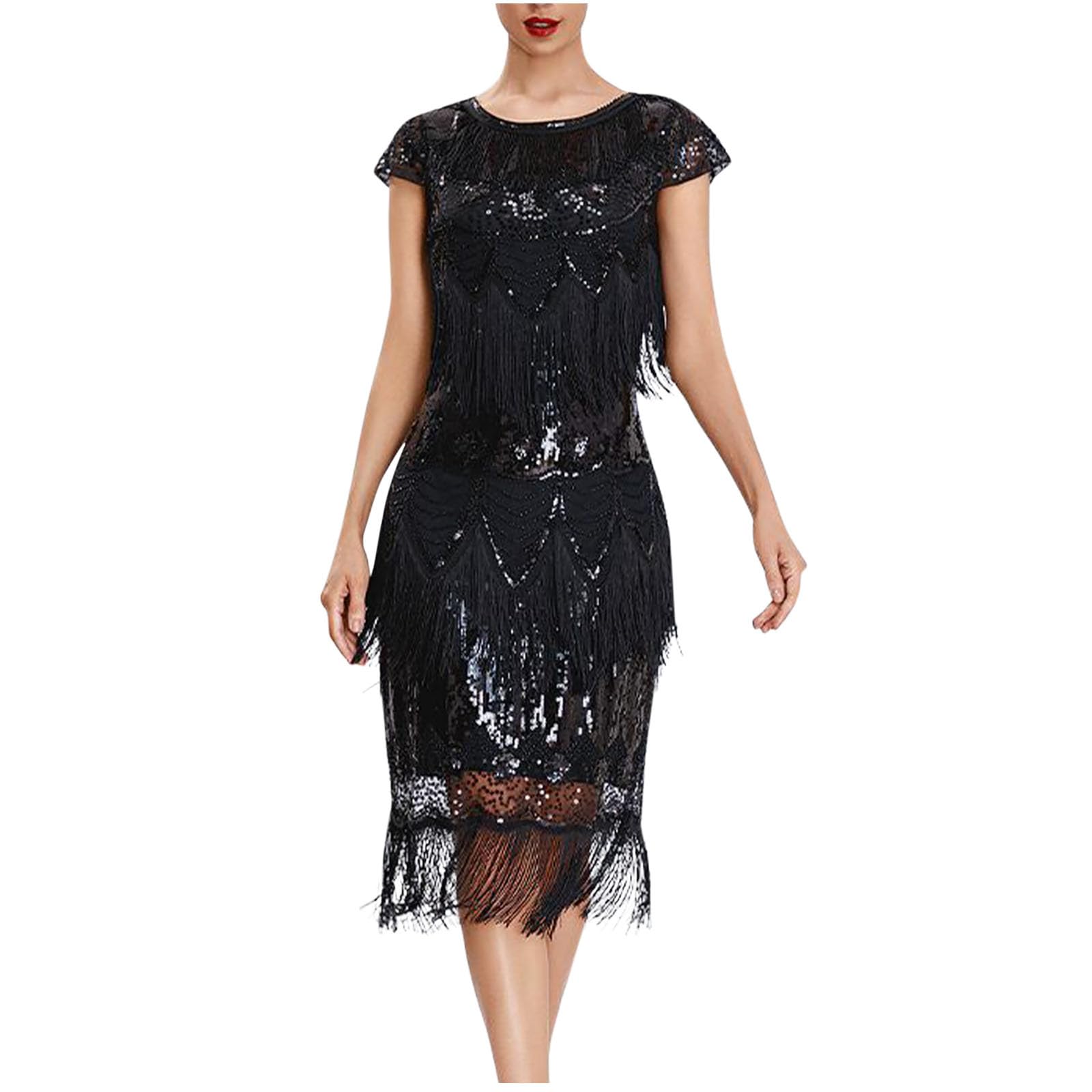 HAOLEI Abito da Donna Anni ‘20 Abito da Donna Sexy con Spacco Lungo Elegante a Tracolla Scollo a V Profondo con Paillettes Vestito Cocktail da Sera Estivo