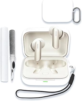 Case for Realme Buds Air 7 Bluetooth Earphone, Soft Silicone Protective Portable Scratch Shock Resistant Shell with Cleaner Kit & Carabiner & Lanyard for Realme Buds Air 7,White