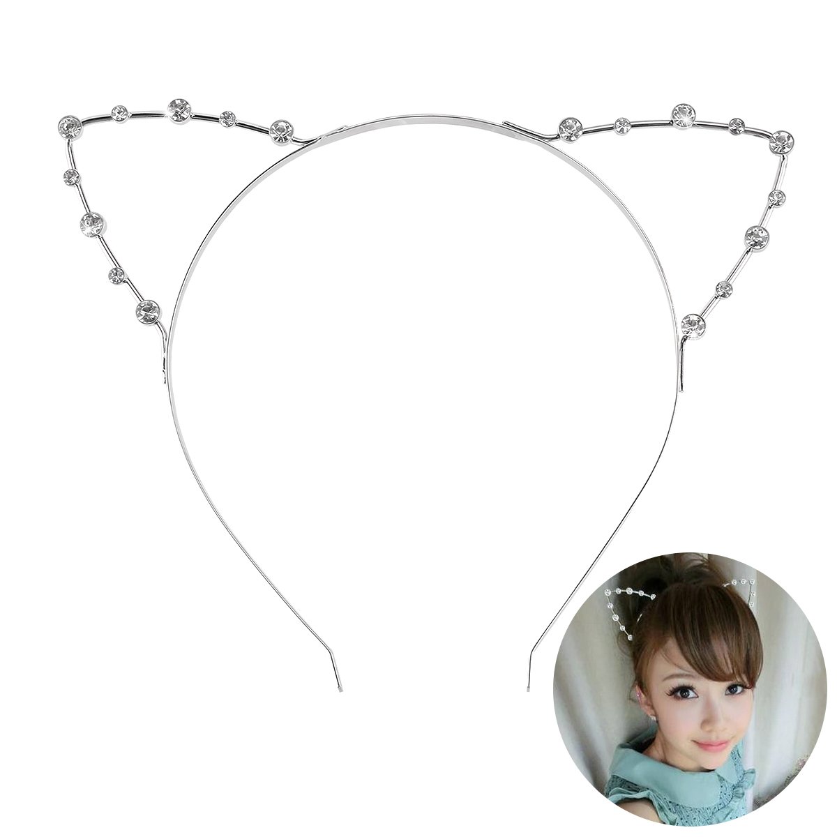 Jewel Rhinestone Cat Ears Headpiece Headband Silver Glitter Cat Ear Headband - Glittery Cat Ears  main image 4