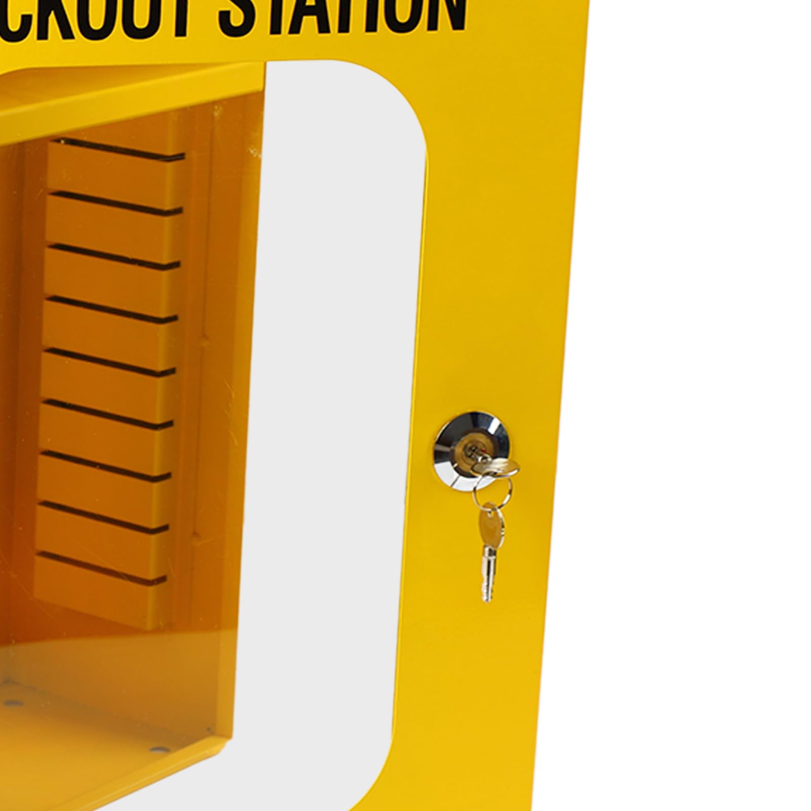Estación de etiqueta de bloqueo para puertas de vidrio, gabinete caja loto de acero industrial resistente, diseño montado en la pared, ideal para seguridad y eficiencia en mantenimiento industrial