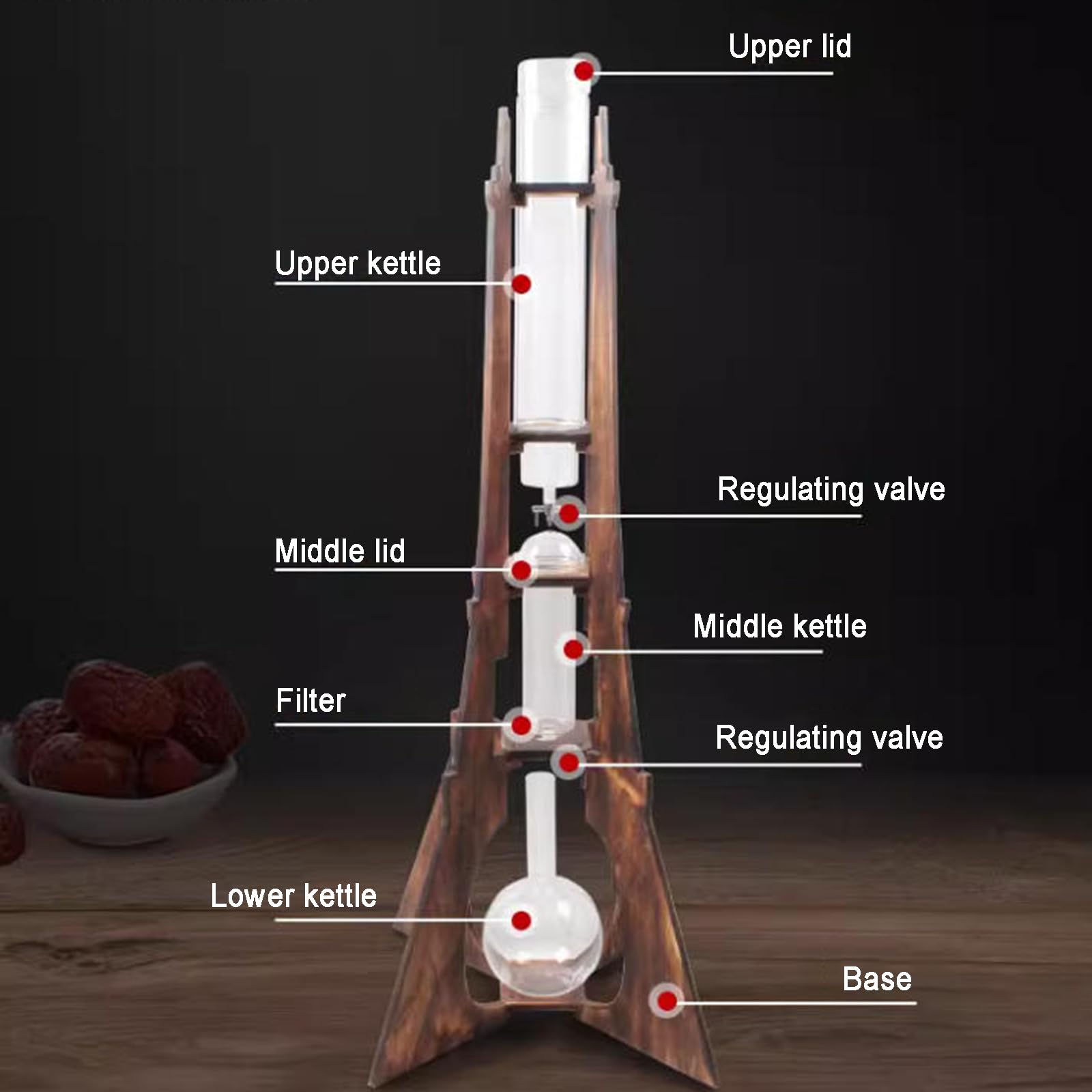 Cafetera fría con doble válvula de acero inoxidable, marco de madera y cristalería, gran capacidad para el hogar o cafetería, para 8-10 tazas