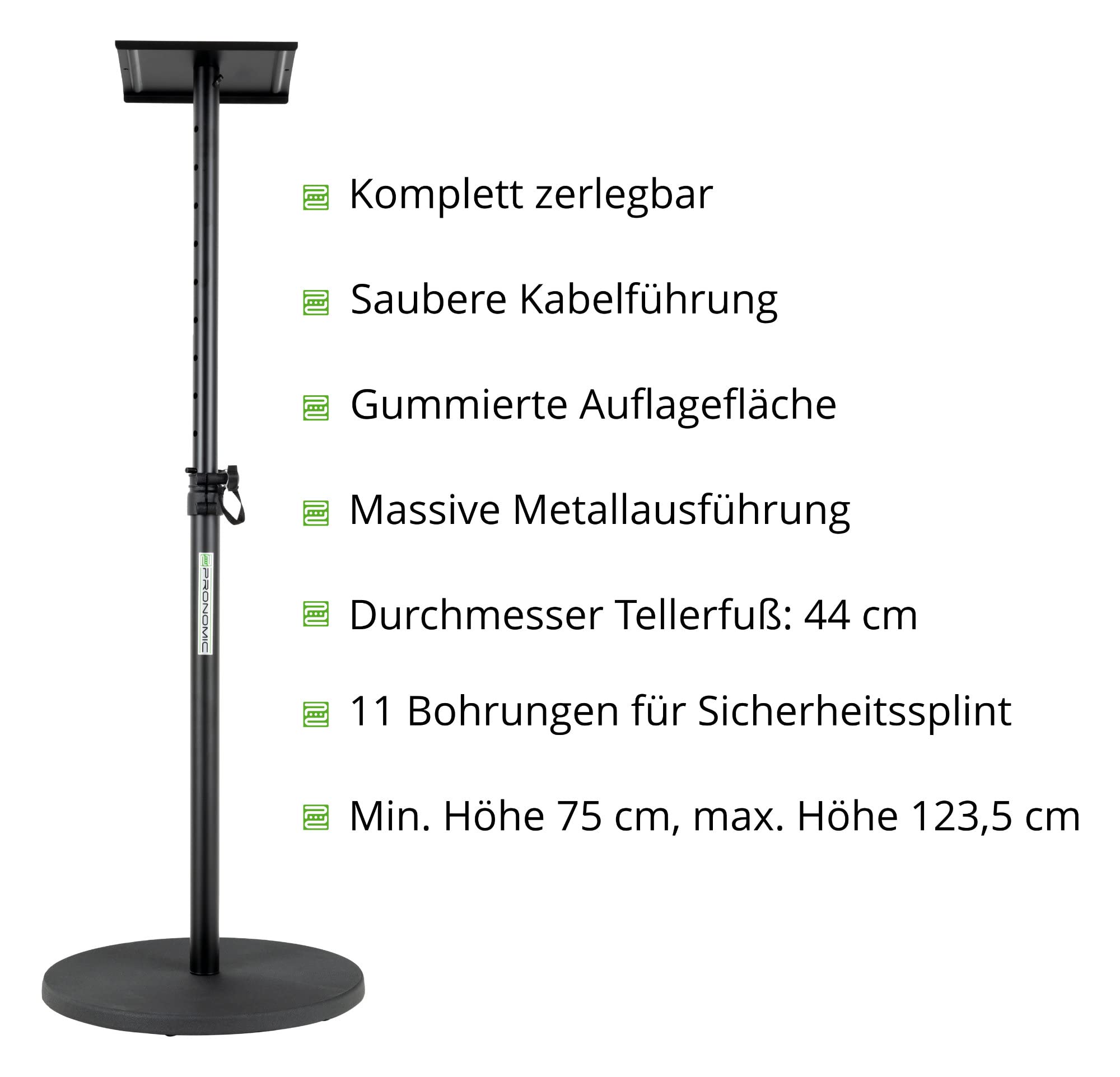 Pronomic SLS-128 BK Pied Pour Monitor Studio - Support Enceintes Pour Moniteurs Studio - Pied Avec Socle Rond Stable - Support Réglable De 75 À 123,5 cm - Plateau 23 x 23 cm - Noir