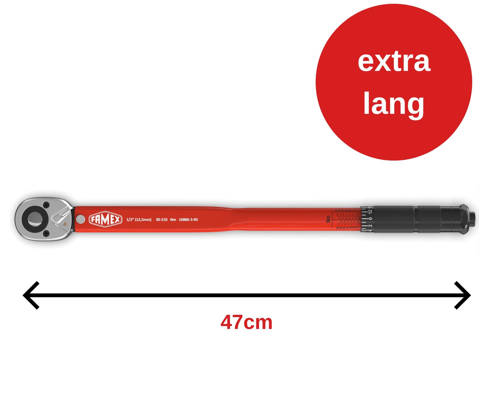FAMEX 10886-3-RS1 klucz dynamometryczny 1/2" (12,5 mm) - 30-210 Nm - nakrętki do wkrętarki udarowej ze stali chromowo-molibdenowej, obrotowe, w zestawie przedłużacz, do samochodu, motocykla, vana