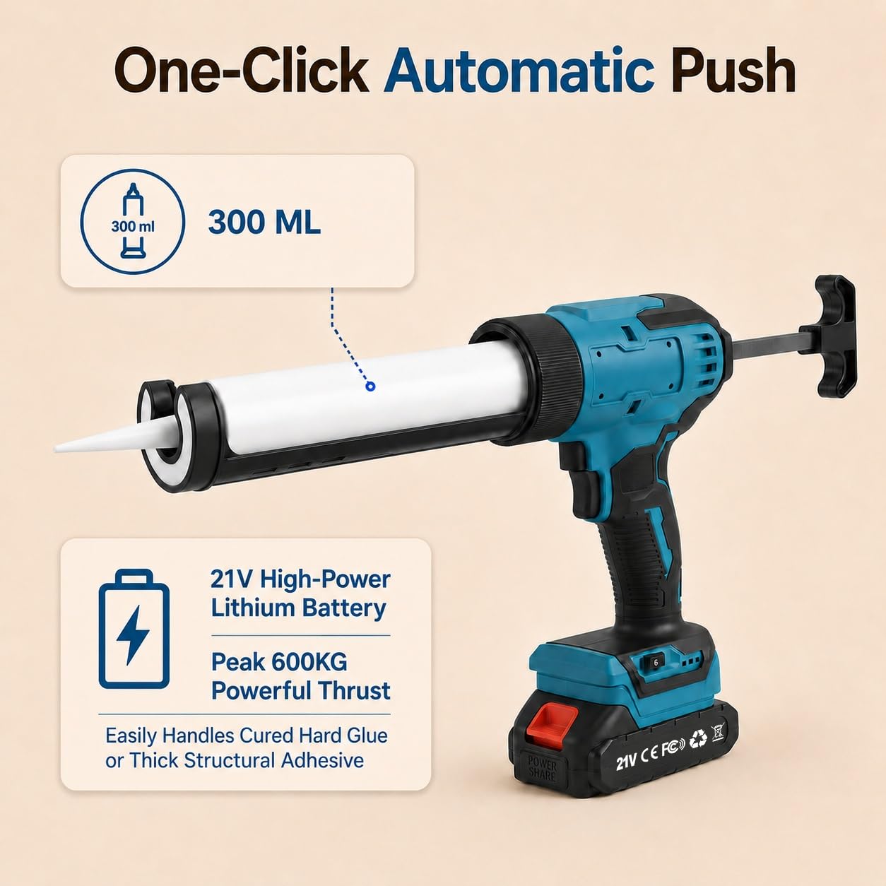 Pistolet à Cartouche Électrique sans Fil avec Lumière LED | Pistolet Silicone Electrique,Force de Poussée 600 kg,6 Vitesses Réglables,pour Cartouches de 300ml