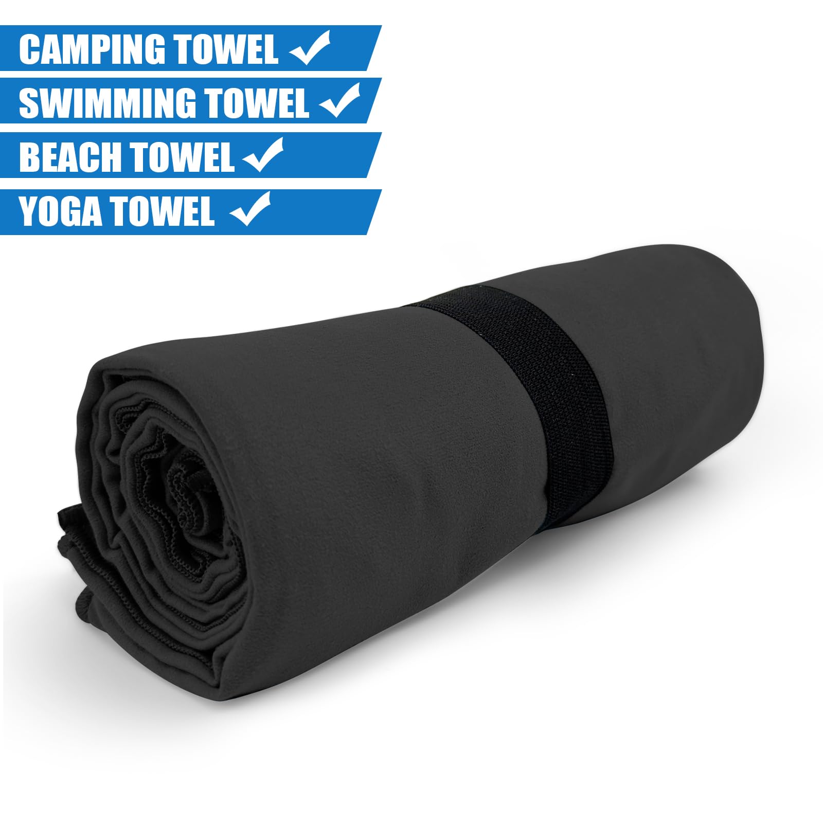Toalla de microfibra de secado rápido para acampar, senderismo, playa, piscina, viajes, toallas corporales (negro, 1 paquete XL)