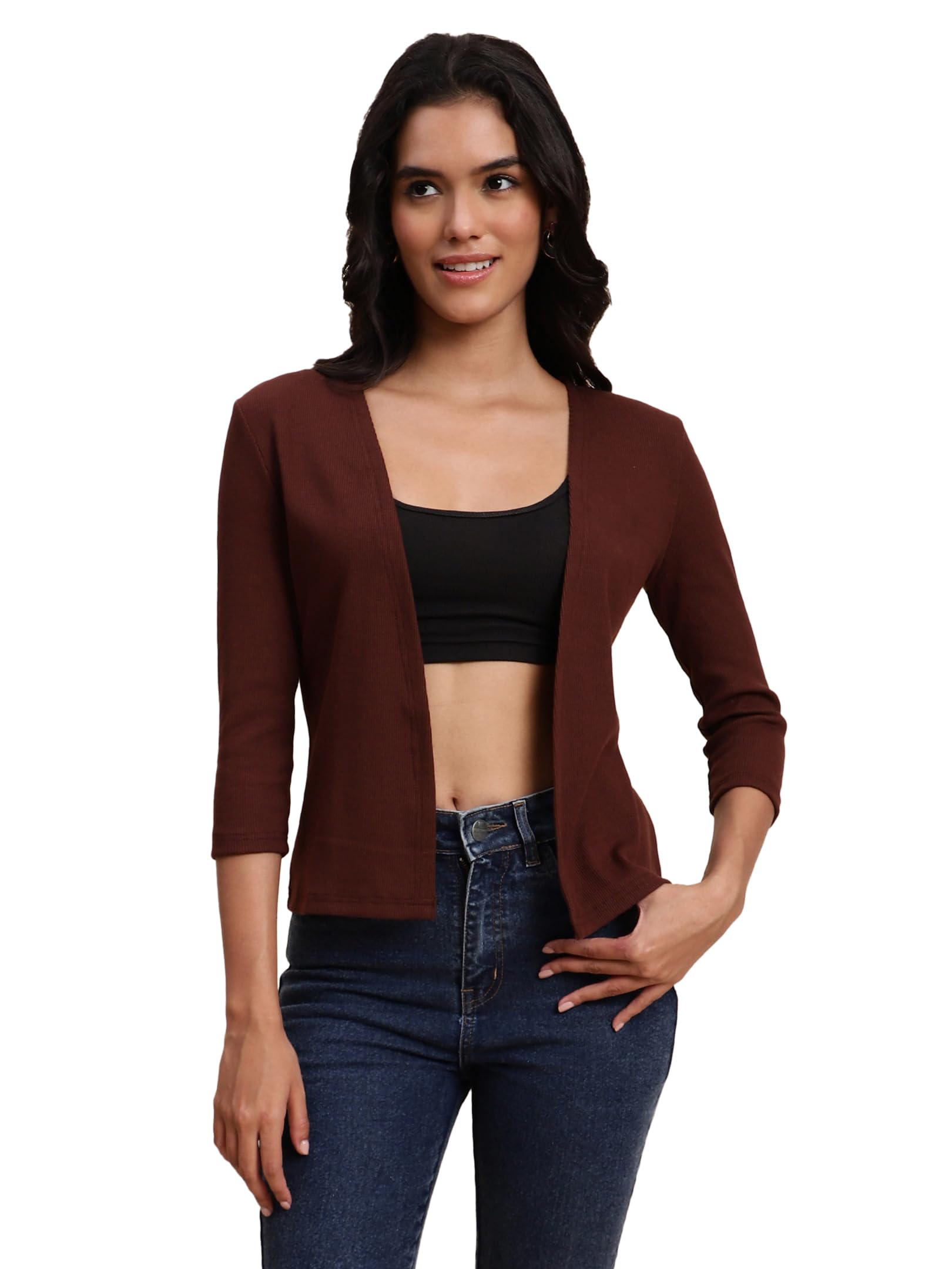 unaone Women Coffee Cotton Rib Casual Open Front Shrug-picture-46