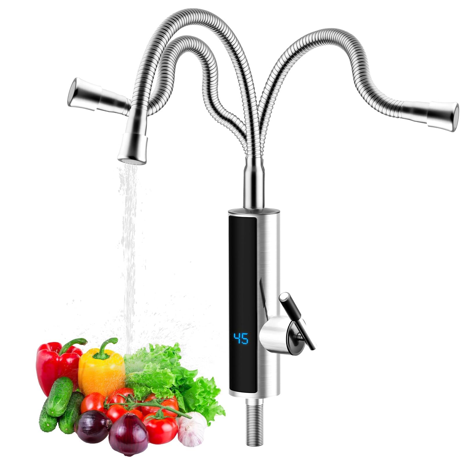 3000 W Durchlauferhitzer Küchenarmatur, Elektrischer Heizhahn mit LCD-Temperaturanzeige, 360º drehbarer Schlauch Küchenarmatur, 304 Edelstahl Wasserhahn für Küche, Bad, Wohnwagen, Camping(Silber)