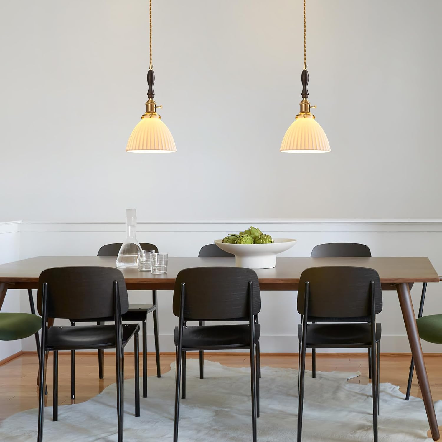 Modern White Striped Ceramic Pendant Light Walnut Wood Hanging Light Fixtures Nordic Dome Pendant Lamp E26 Base Vintage Hanging Lamp for Kitchen Island Dining Room Bedroom Hallway (1 Pack)