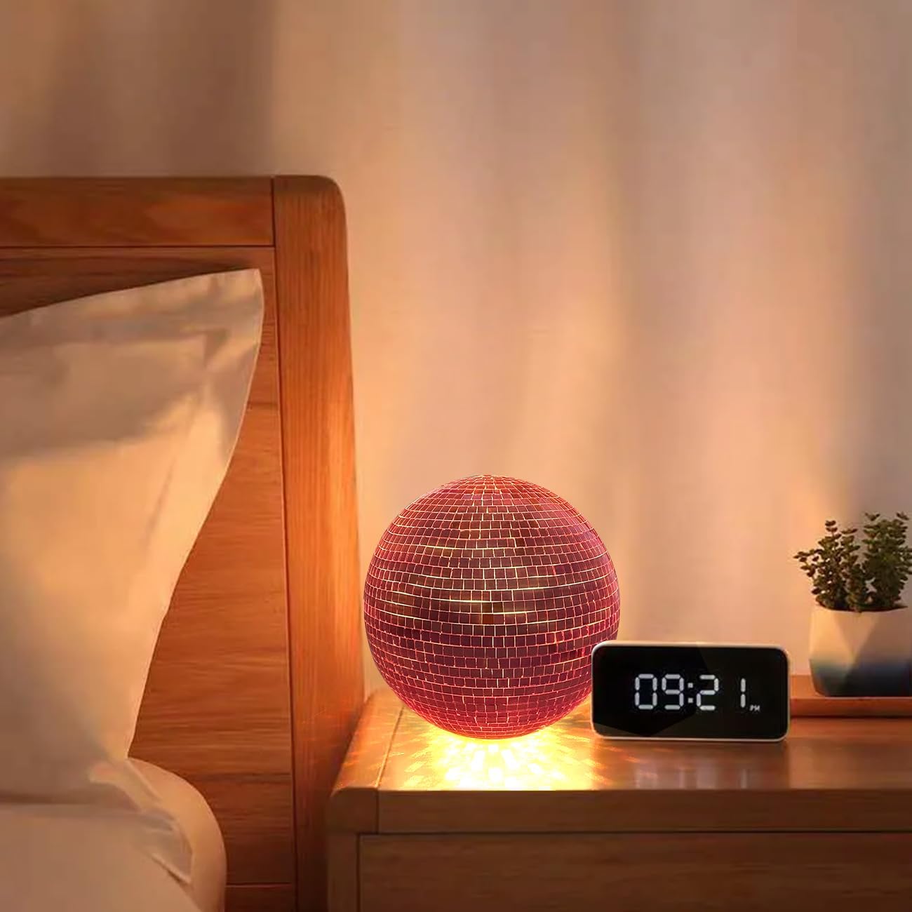 Pink Disco Ball with Lights, 6 Inch Disco Mirror Reflective Pink Ball Shape Home Art Decorations, Bar Ornaments