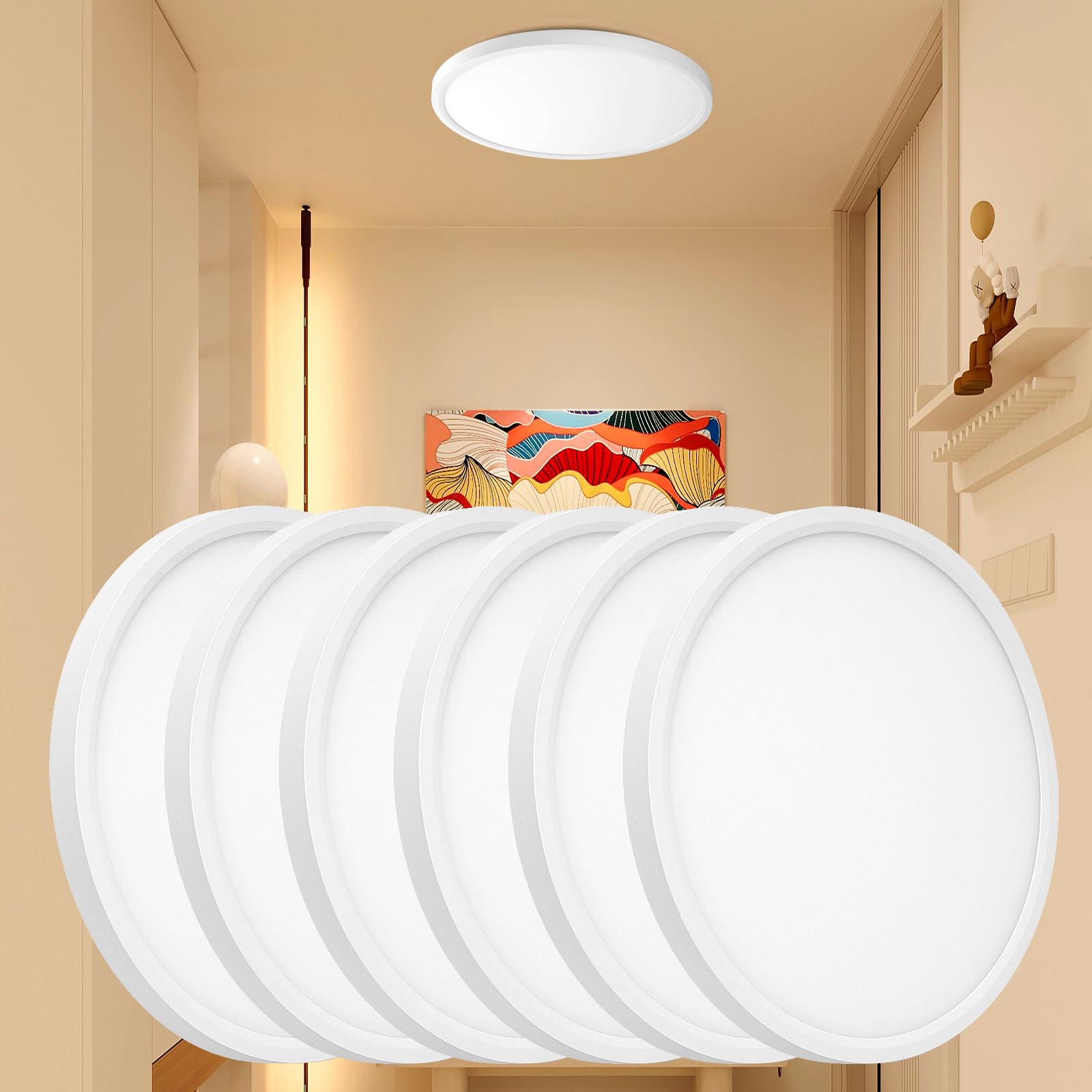 6PK 12 Inch LED Flush Mount Ceiling Light - Dimmable 0.67in Thickness Round, 24W 5CCT in One 2700K/3000K/3500K/4000K/5000K Surface Mount LED Light Fixture for Laundry, Closet, 12 Inch 6Pack White — image 1