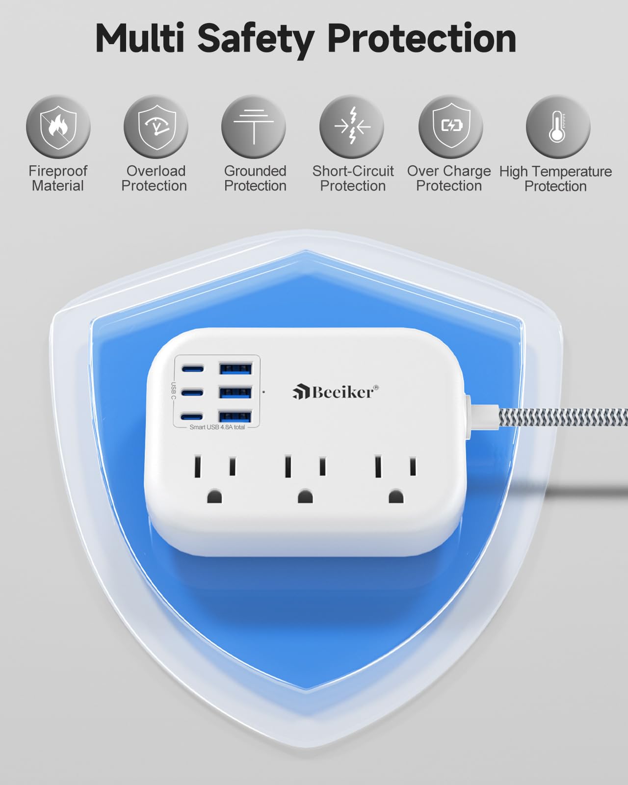 Zasilacz 6 USB (3 USB C), ładowarka podróżna z 6 stacjami ładującymi USB do komputera 24 W/4,8 A i 3 gniazdami, pleciony kabel przedłużający z płaskim złączem 5