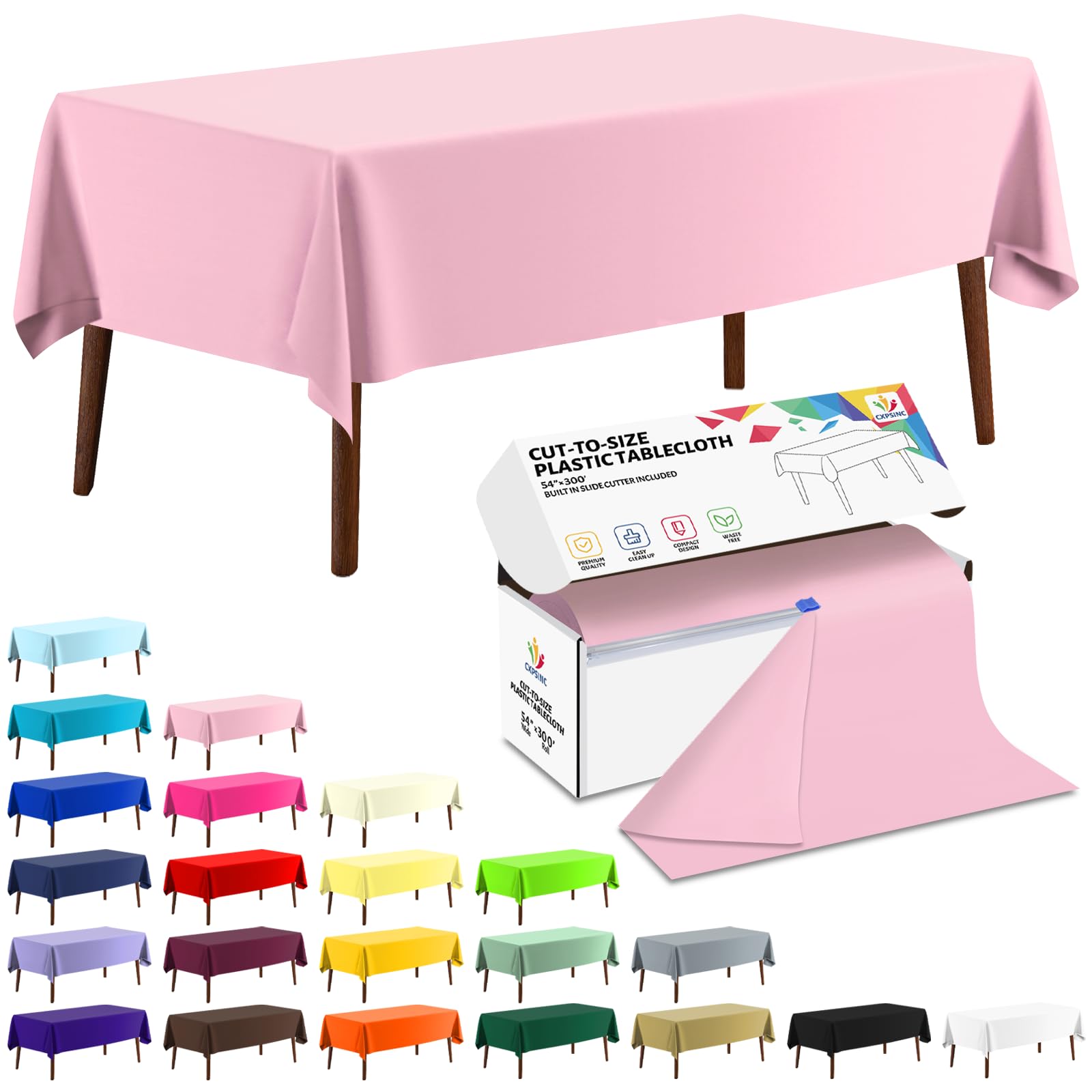 CXPSINC 54 Inch X 300 Feet Plastic Table Cover Roll Disposable Tablecloth with Slide Cutter for All Type/Shape Tables | Party, Banquet, Birthdays, Weddings(Pink, 300 Feet)