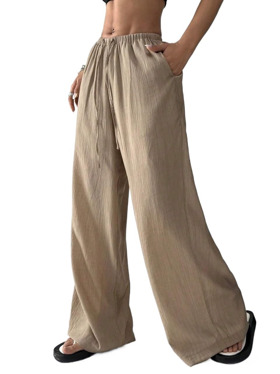 Womens Fall Drawstring Waist Wide Leg Pants with and Slanted Pockets Trousers Beige