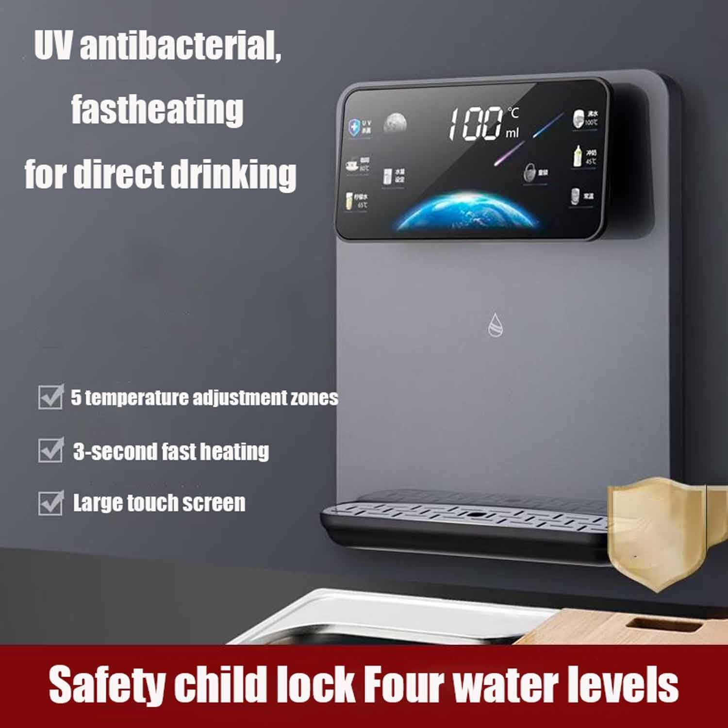 Dispenser d'acqua a parete con alimentazione a rete, riscaldamento efficiente da 2200 W, distributore di acqua calda, bollitore elettrico, riscaldamento rapido per 3 secondi, quattro livelli di volume