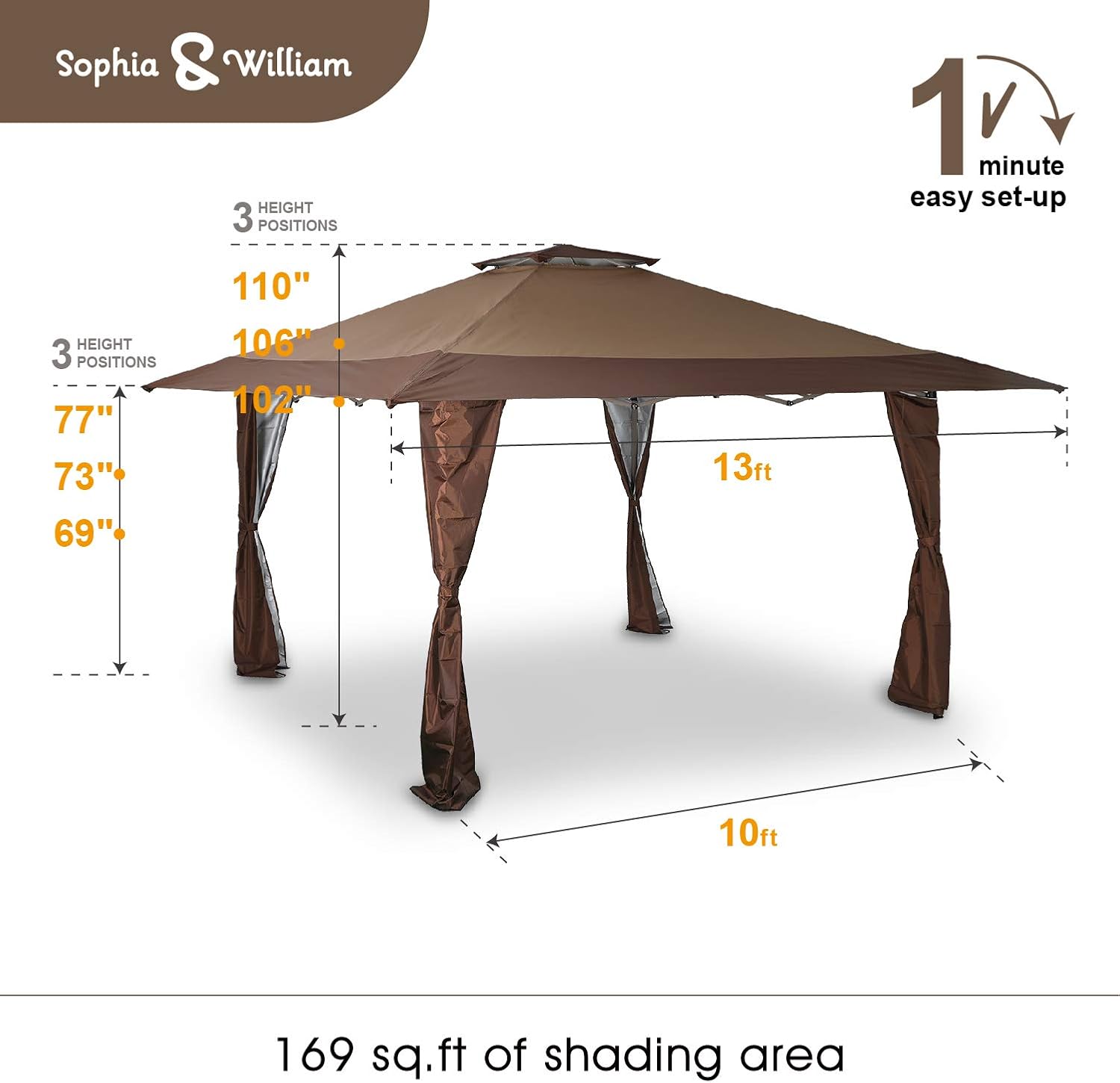 Sophia & William 13' x 13' Ez Pop Up Gazebo Tent with Roller Bag, Portable Instant Commercial Canopies Shelter with Vented Top, 8 Stakes, 4 Guy Ropes, Straight Legs, UPF50+, Brown