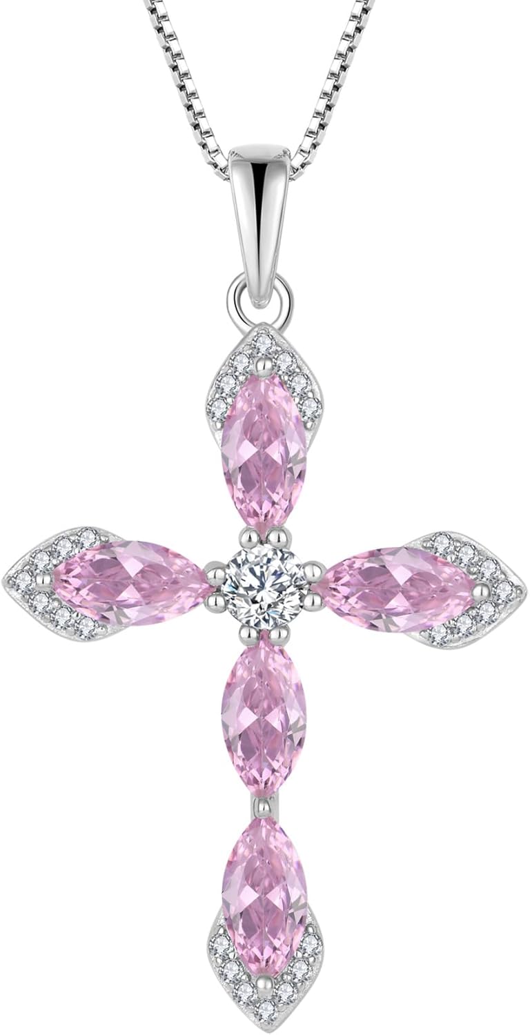 Inpasne Women Cross Necklace 925 Sterling Silver Halo Gemstone Necklace Crucifix Religious Pendant Birthstone Jewelry Gifts for Her