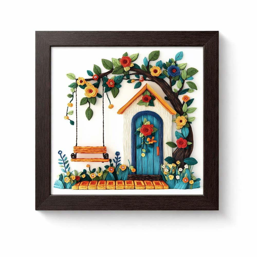 PAPER PAJAMA - Whimsical Floral Cottage Door with Swing Framed Wall Art, Colorful Paper Quilling Inspired Garden House Illustration, Nature-Inspired Decorative Wall Decor for Living Room Bedroom Entryway - 10.5x10.5 Inches-image-6