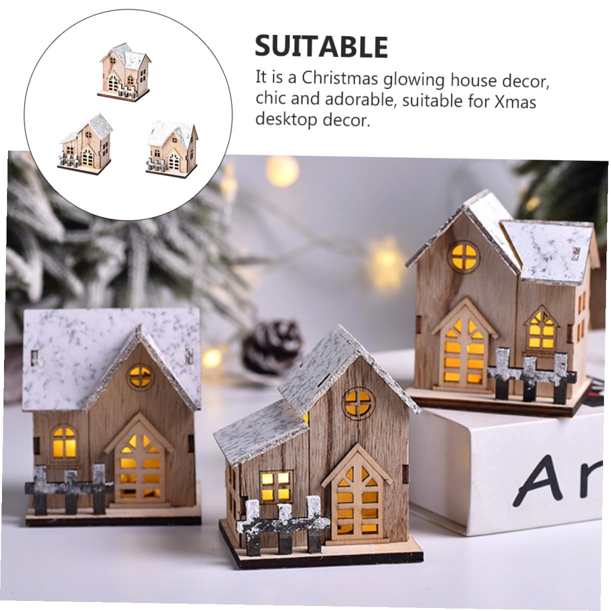 Decorazioni Natalizie in Legno a Forma Di Casa Luminosa 3 Pezzi, Ornamenti Artigianali Luce Led Per Decorazione Da Tavolo Festa Natale Soggiorno