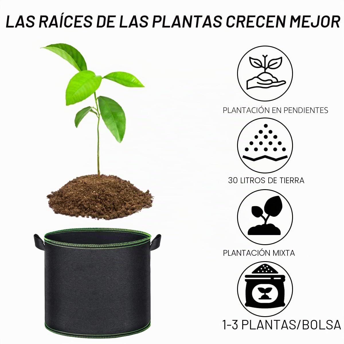 Bolsa de Cultivo 5X 30l, Bolsas de Tela no Tejida para Plantas, Maceta de Cultivo con asa Negro, Bolsa de Plantación Reutilizable para Jardinería y Cultivo de Plantas