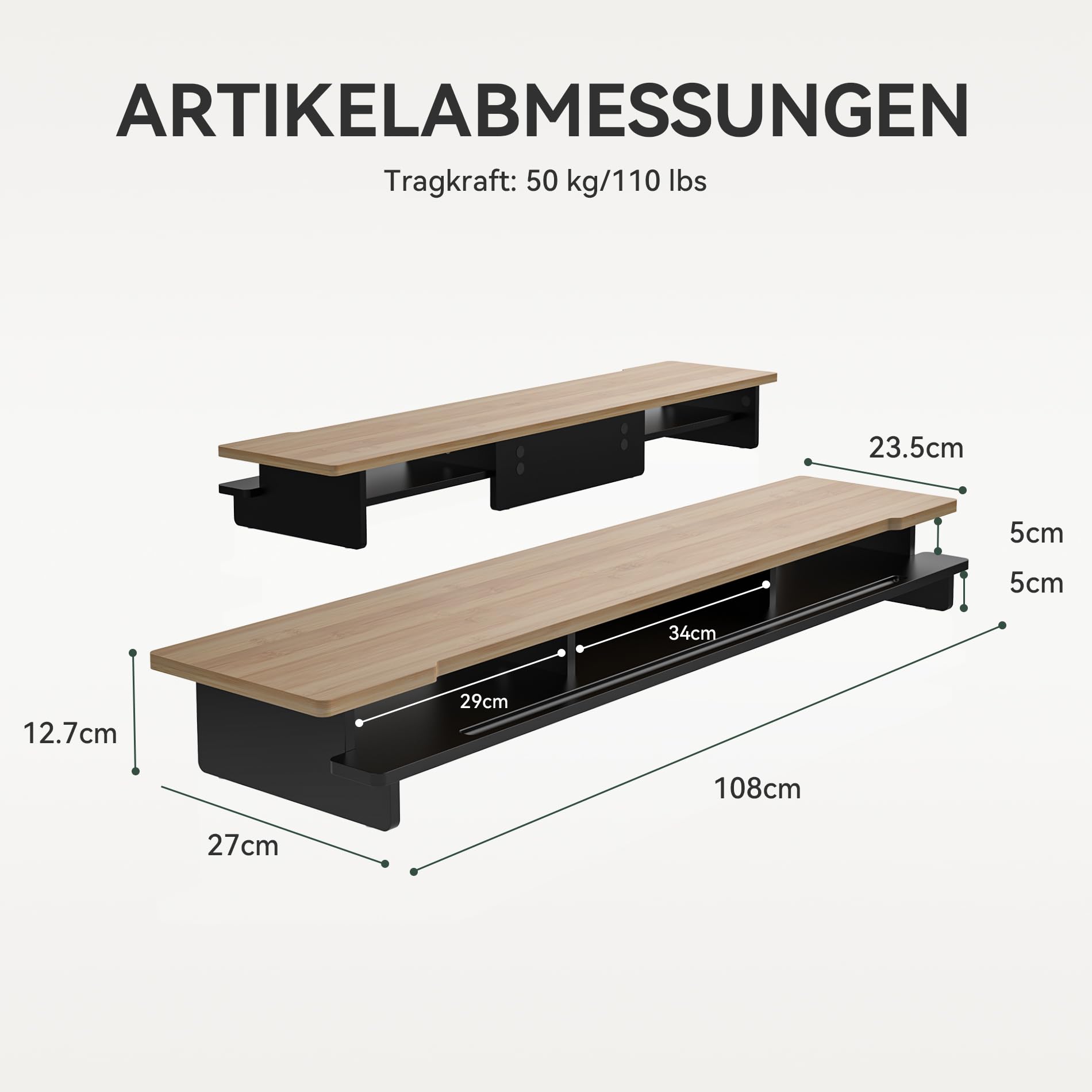 WELL WENG Monitorständer Dual-Monitorständer für Schreibtisch, Holzregal für Schreibtisch mit Aufbewahrungsorganizer und Halterung für Smartphone und Tablet (108 cm, schwarz und dunkles Bambus)