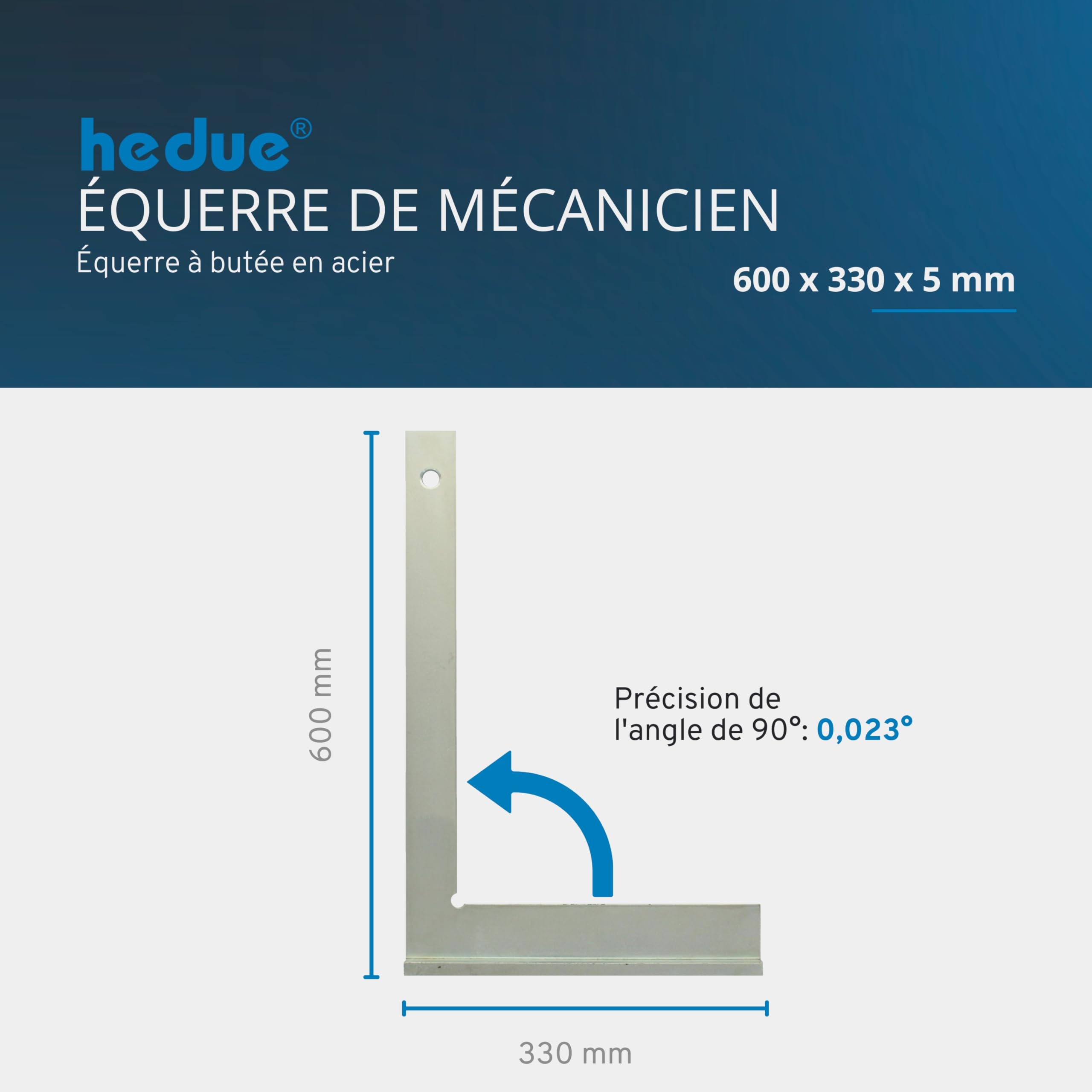 Équerre à chapeau – Grande équerre métal de mécanicien avec butée en acier galvanisé, angle droit 90°, 600 x 330 mm