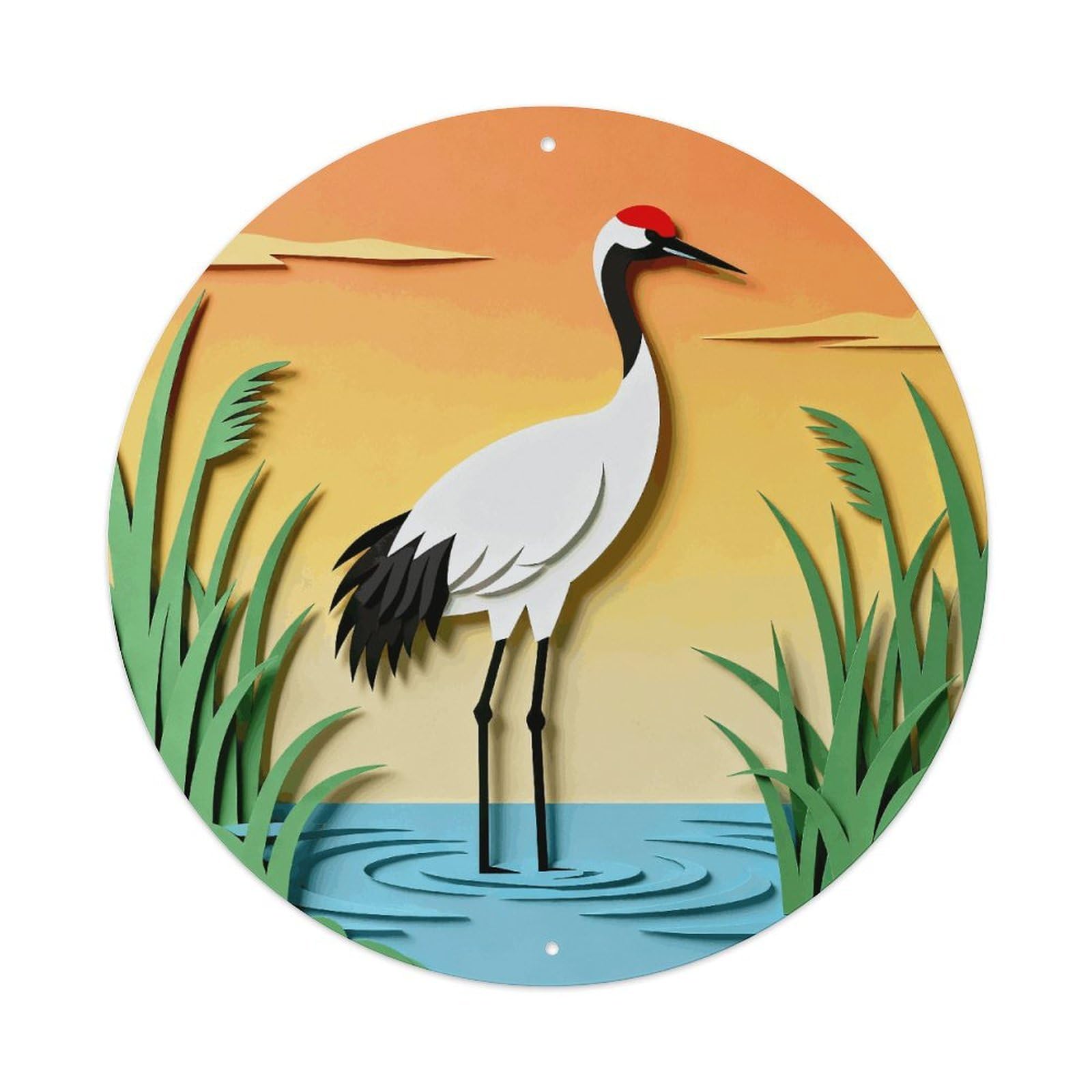 LZQPOEAS Elegant Grace of Crane Silhouette Round Aluminum Wall Art Sign, Metal Indoor Wall Decor with Holes, Durable Circular Aluminum Plaque for Home, Bar, Cafe, Living Room, And Office Decoration