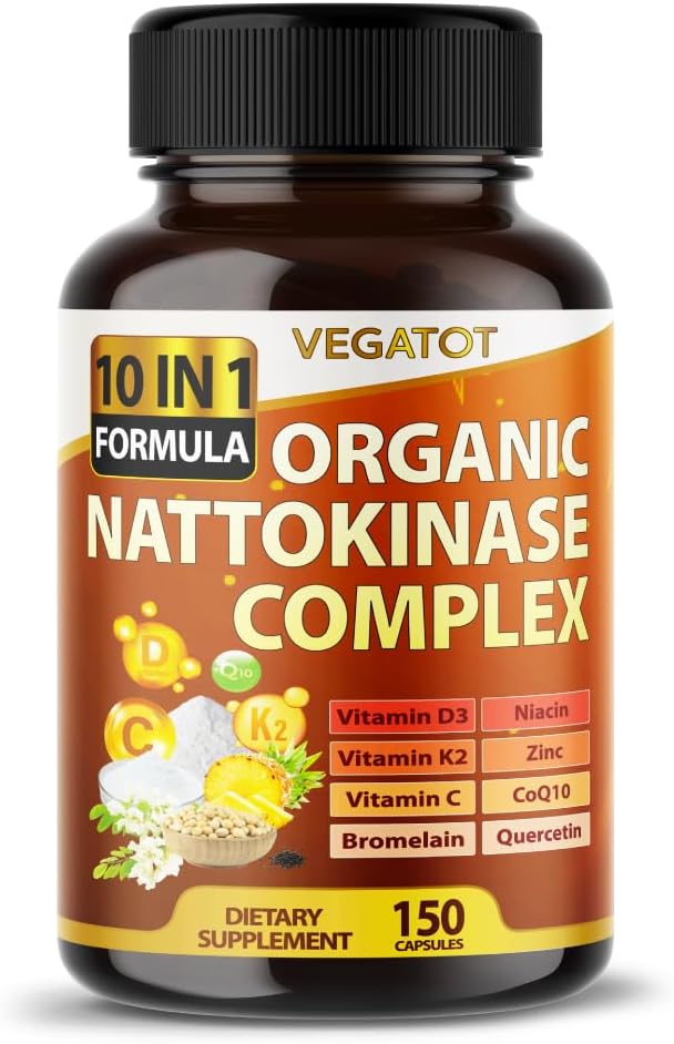 VEGATOT Organic Nattokinase Complex – 10IN1 Formula Vitamin D3, Niacin, Vitamin K2, Zinc, CoQ10, Quercetin – Made in The USA (150 Count (Pack of 1)) VEGATOT Organic Nattokinase Complex – 10IN1 Formula Vitamin D3, Niacin, Vitamin K2, Zinc, CoQ10, Quercetin – Made in The USA (150 Count (Pack of 1))