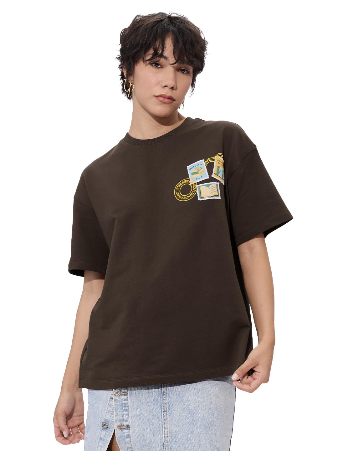 the souled store Book Lover Women and Girls Short Sleeves Round Neck Brown Graphic Printed Cotton Oversized T-Shirts-picture-37