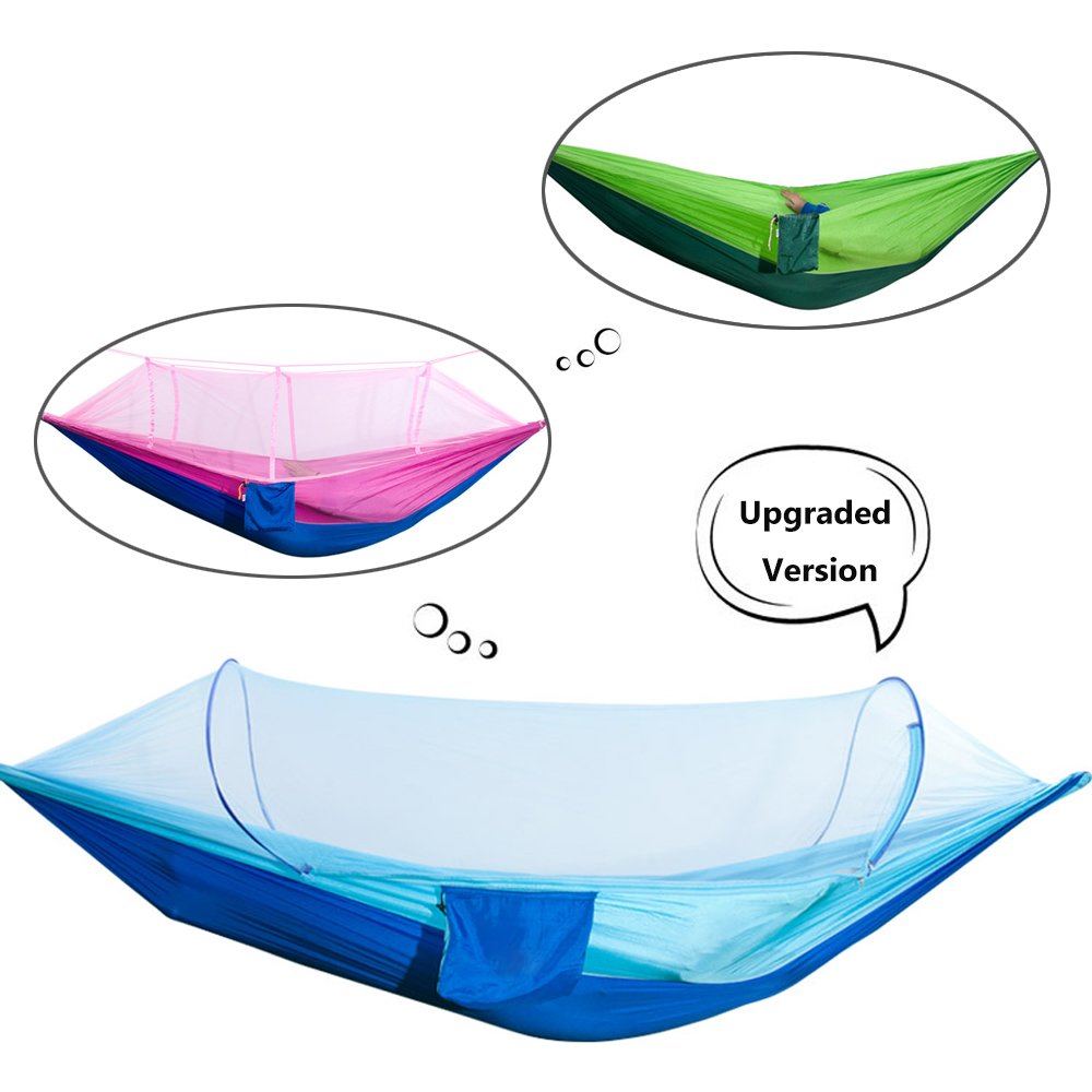 Hann Camping Hammock, Portable Camping Hammock with Mosquito Net Parachute Nylon Fabric Lightweight Hammock for Beach, Traveling, Hiking, Mountain,Adventure,Outdoor Jungle (Blue)