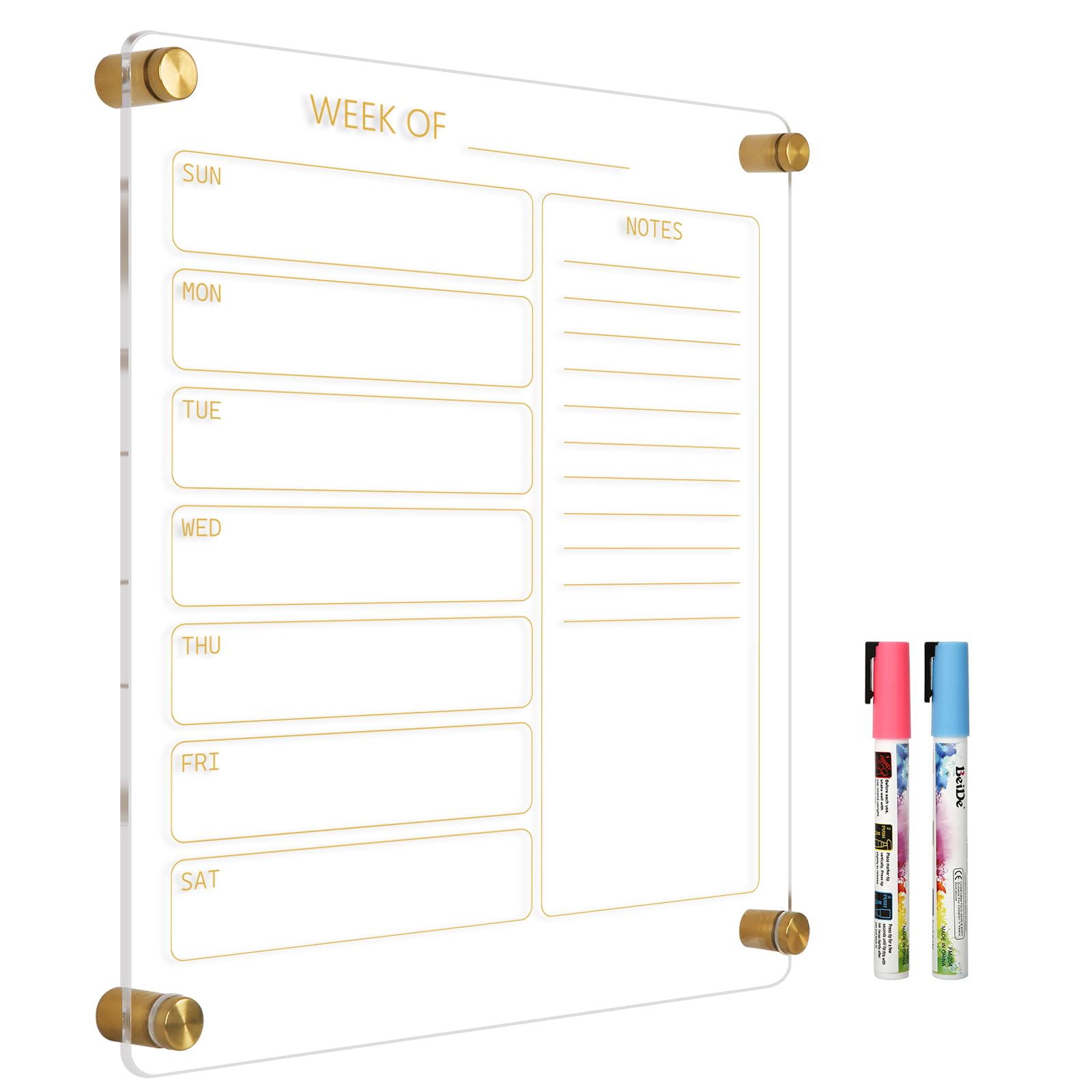 Small Acrylic Calendar for Wall, 12" X 14" Golden Clear Acrylic Wall Calendar, Clear Wet & Dry Erase Board Hanging Frameless Weekly Planner for Office, Home or School, 2 Markers