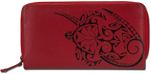 Cartera de tatuaje de tortuga polinesia para mujer, piel auténtica, arte de tatuaje tahitiano por Teva Lowy de NAKOA, Rojo -, Cartera delgada