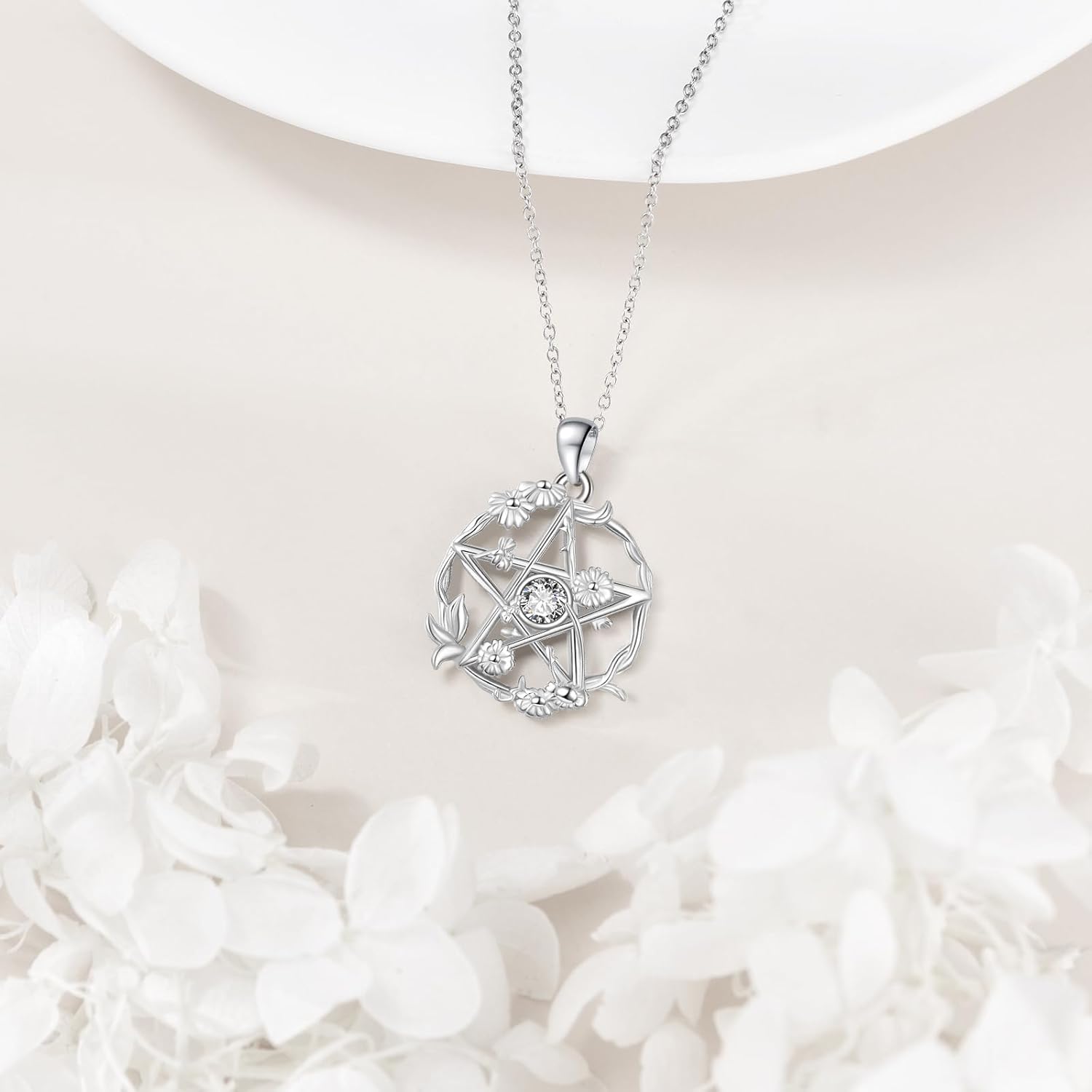 Pentagram Daisy Necklace for Women 925 Sterling Silver Birthstone Pentacle Pendant Necklace Pentacle Jewelry Birthday Gifts - Image 3