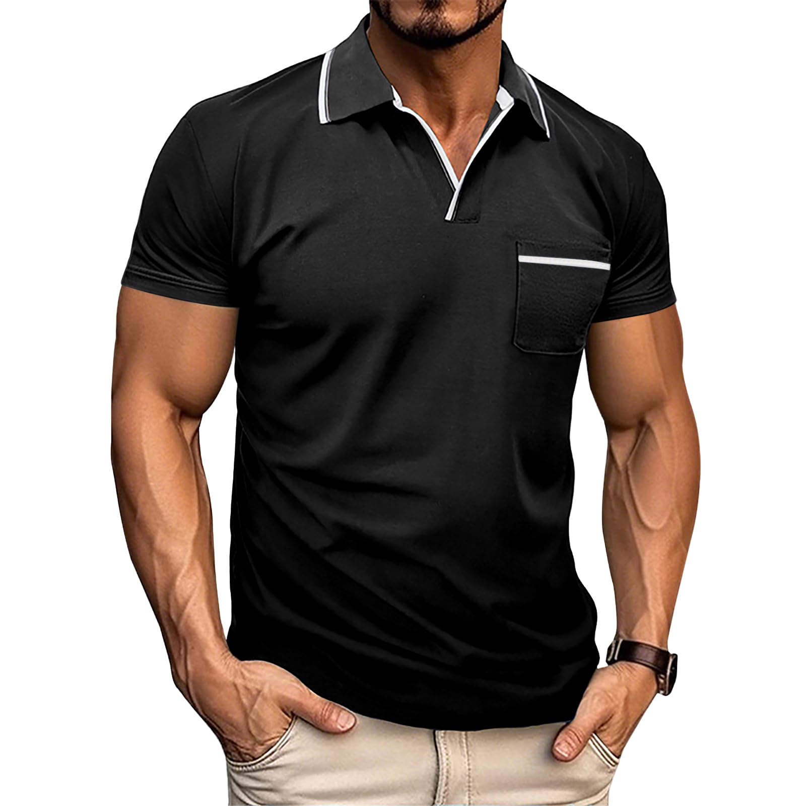 Men's Polo Shirt Short Sleeve V Neck Casual Classic Lightweight Tees Golf Stylish T-Shirt with Pocket