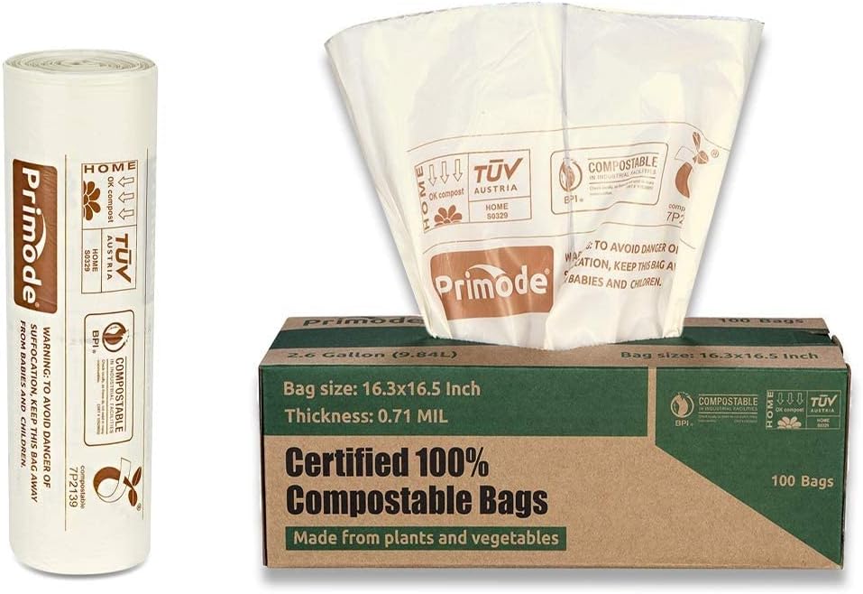 Primode 100% Compostable 2.6 Gallon Food Scraps Yard Waste Bags, 100 Count, Extra Thick 0.71 Mil. Compost Bags ASTMD6400 Small Kitchen Bin Trash Bags, BPI and TUV Certified, White