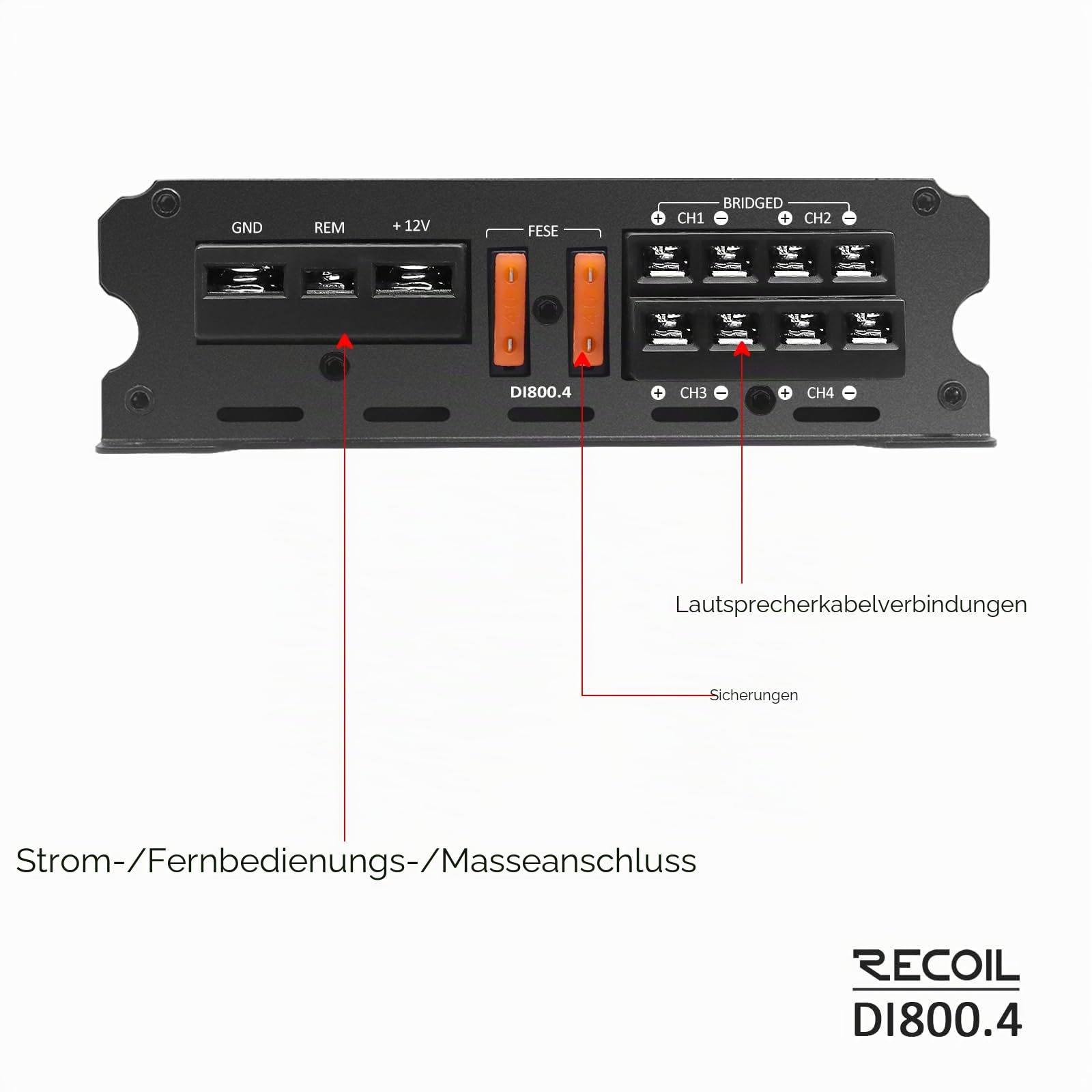 RECOIL DI800.4 Full-Range Class-D 4-Kanal Auto-Audio-Verstärker, 1500 Watt, 2-4 Ohm stabil, Mosfet-Stromversorgung, brückbar