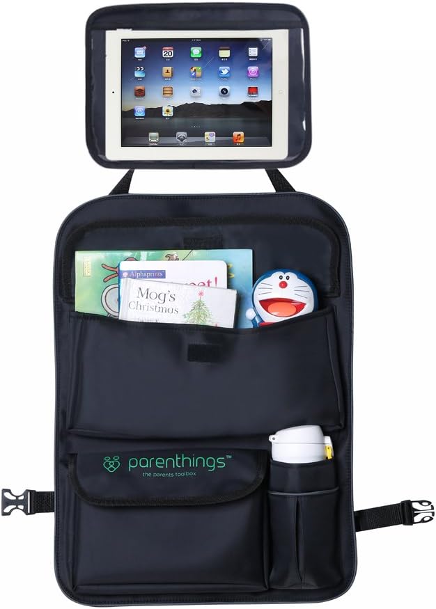 Back Seat Car Organiser with Removable Touch Screen Holder. Premium Material. Plenty of Storage. A Great Accessory to Keep Your Kids Entertained and Your Car in Perfect Order.