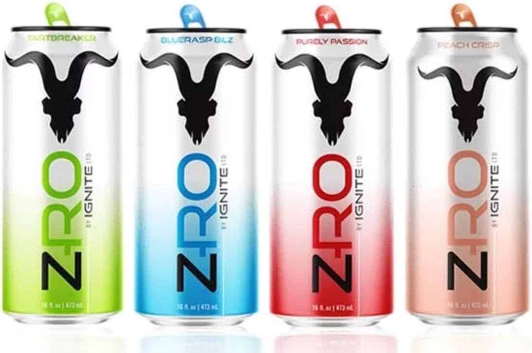 ZRO Energy Drink by Ignite | Supports Focus, Mood, & Performance | Zero Sugar, Calories, & Artificial Colors | Alpha-GPC, Natural Caffeine, L-Tyrosine | 3 of each - 12Pk/16 Fl Oz (Variety Pack)
