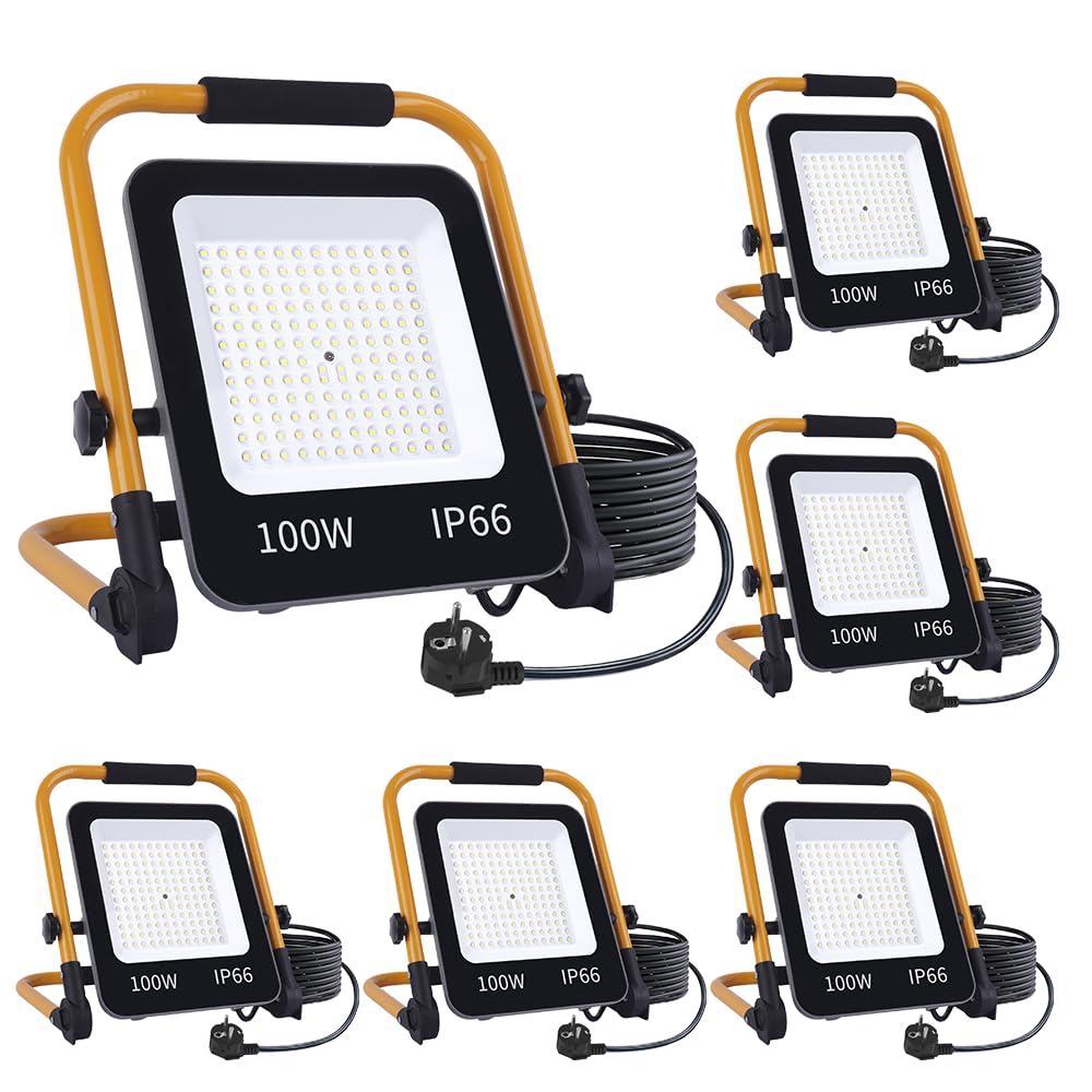 LED Baustrahler 100W,10000LM LED Strahler Arbeitsleuchte mit Ständer/2m Kabel/EU Stecker/Kaltweiß Baulampe Flutlicht,IP66 Wasserdicht Werkstattlampe Arbeitsscheinwerfer für Garage,Keller-6pcs