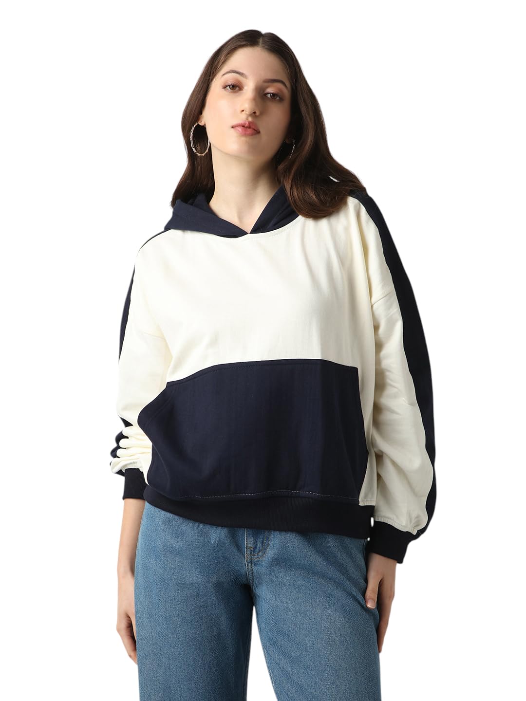 globus Women Colorblock Drop Shoulder Sleeves Kangaroo Pocket Hooded Oversized Sweatshirt-picture-26
