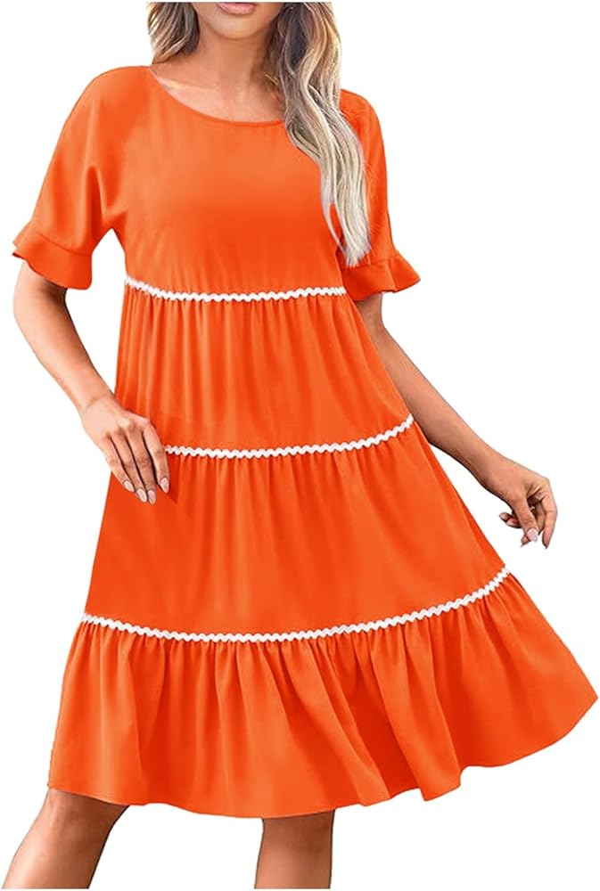Women Dresses Round Neck Loose Frill Sleeve Midi Dress Plain Striped Ruched  Tiered Womens A line Dresses Flowy Casual Ladies Beach Holiday Dresses(Orange,XL)  : Amazon.co.uk: Fashion