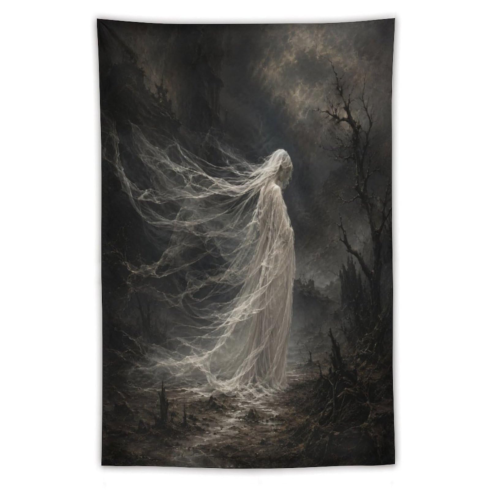 H3B8U2Y5 Stormy White Ghost Wall Tapestry, Dark Fantasy Illustration Style