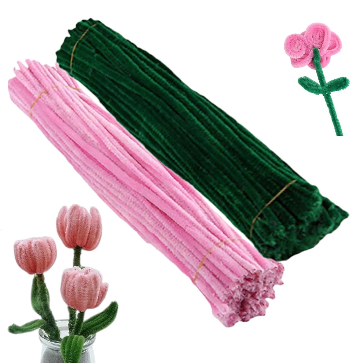 12 Inch Pipe Cleaners for Crafts – Pack of 100 Chenille Stems (2 Mixed Colors) – Flexible Fuzzy Craft Sticks for DIY Art, School Projects, Flower Making & Decorations (Light Pink & Dark Green)-image-31