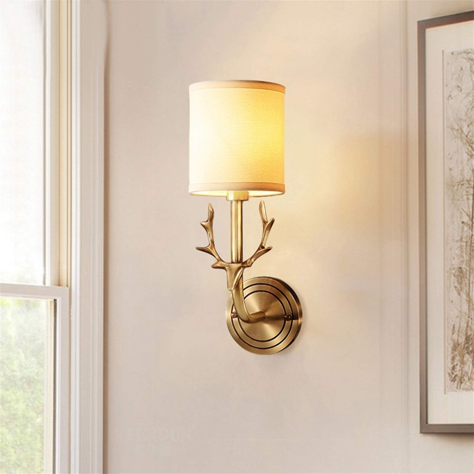 Lámpara de Pared, Creativa lámpara de Pared con Forma de asta de Ciervo, de Cobre, de un Solo Cabezal, para baño, vestidor, iluminación Interior, Pantalla de Tela, Adecuada para sa