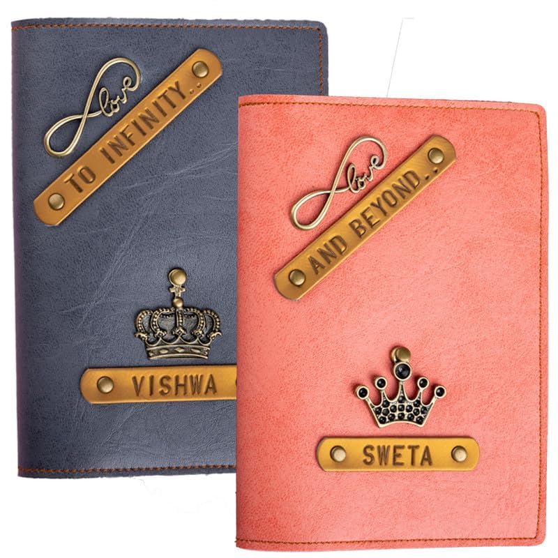 Customized PU Leather Men and Women Travel Folder | Marriage Gift for Couples with Name & Charm | Handcrafted Valentine's Day Gift for Couple (Peach & Grey)-image-48